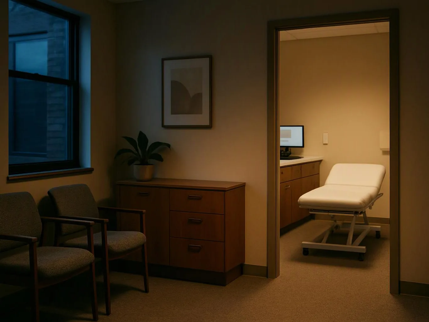 A quiet exam room waits beside a dim waiting area with chairs, a cabinet, and a plant