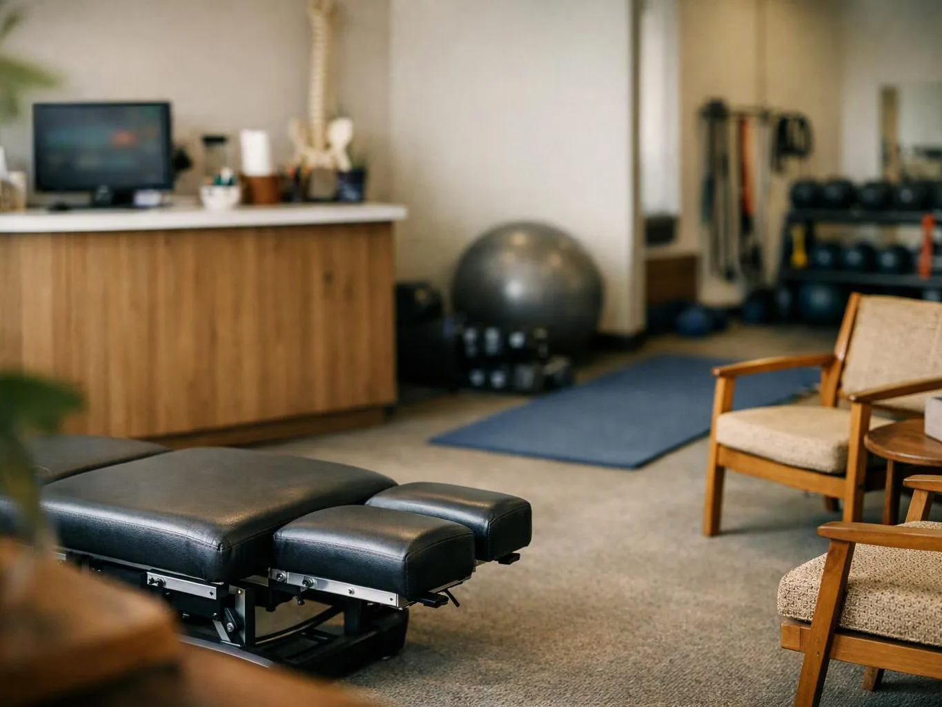 A quiet therapy room with a padded treatment table, wooden chairs, and exercise equipment in the background