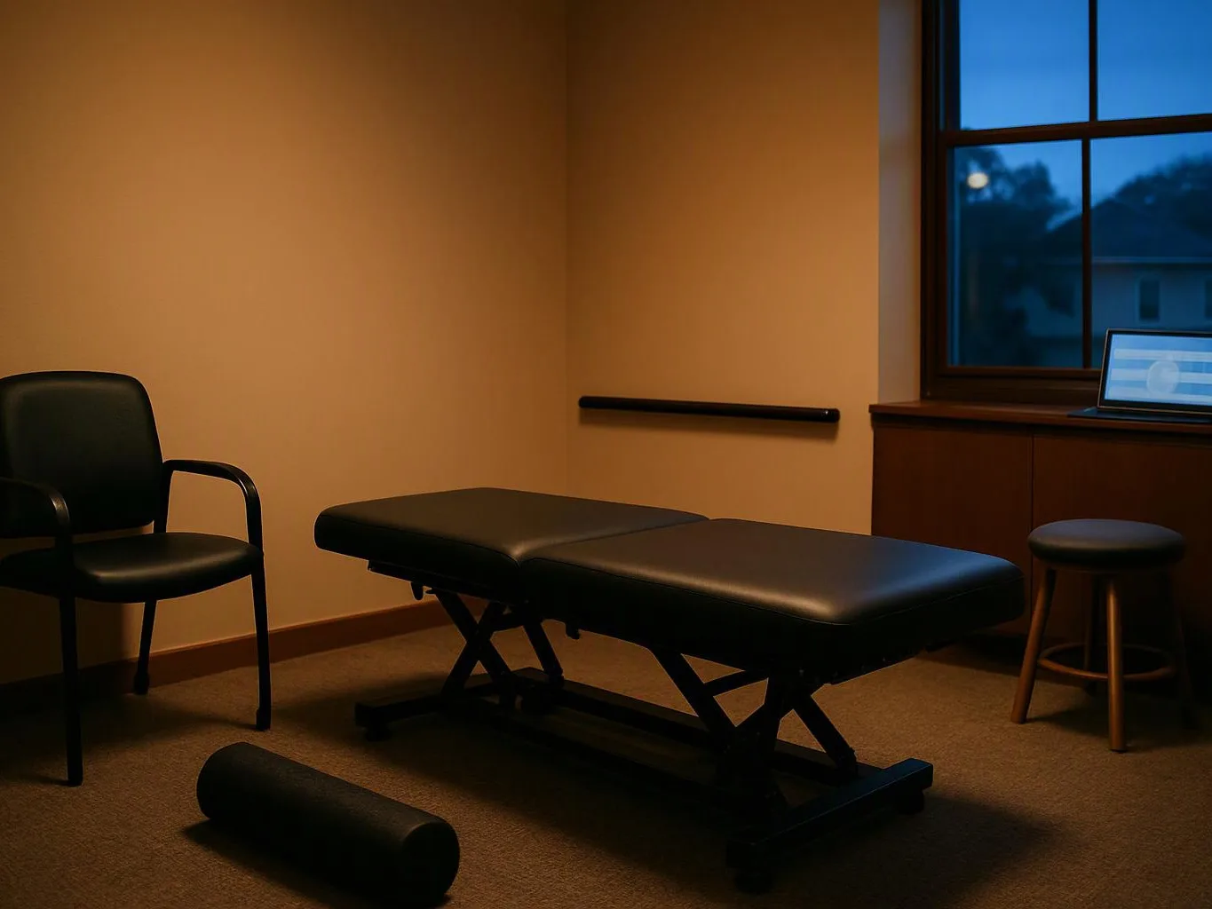 A quiet treatment room has a black exam table, chair, stool, and a laptop by the window