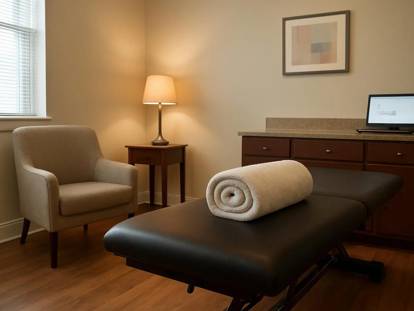 A quiet treatment room shows a massage table, rolled towel, armchair, lamp, and cabinet with a laptop