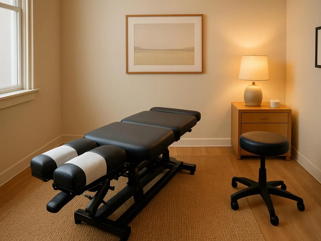 A quiet treatment room shows a padded exam table, a stool, a lamp, and framed wall art