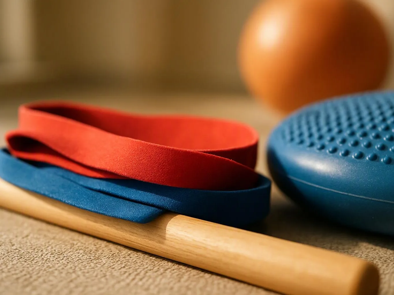 A red and blue resistance band rests on a wooden rod beside a blue balance disc and orange ball