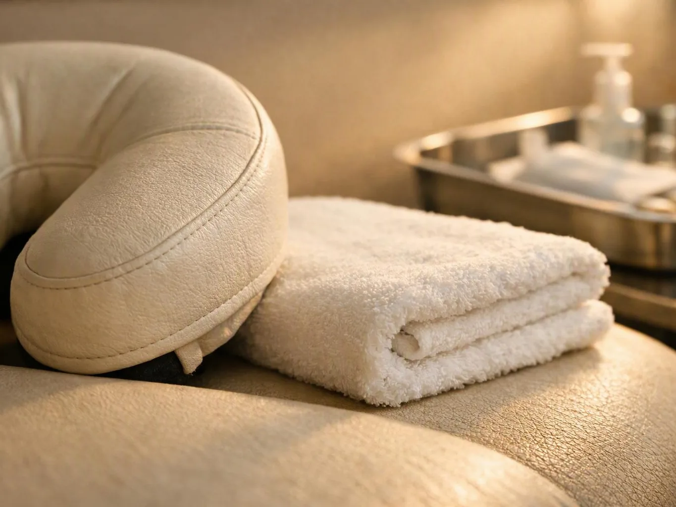 A rolled beige neck pillow rests beside a folded white towel on a spa bench