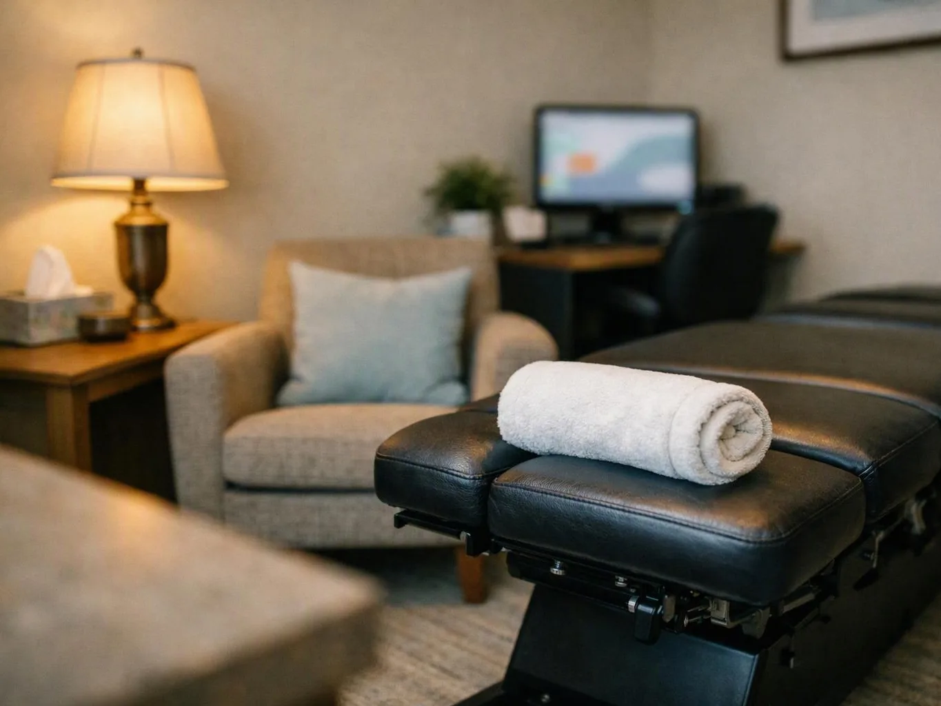 A rolled white towel rests on a black massage table in a softly lit treatment room