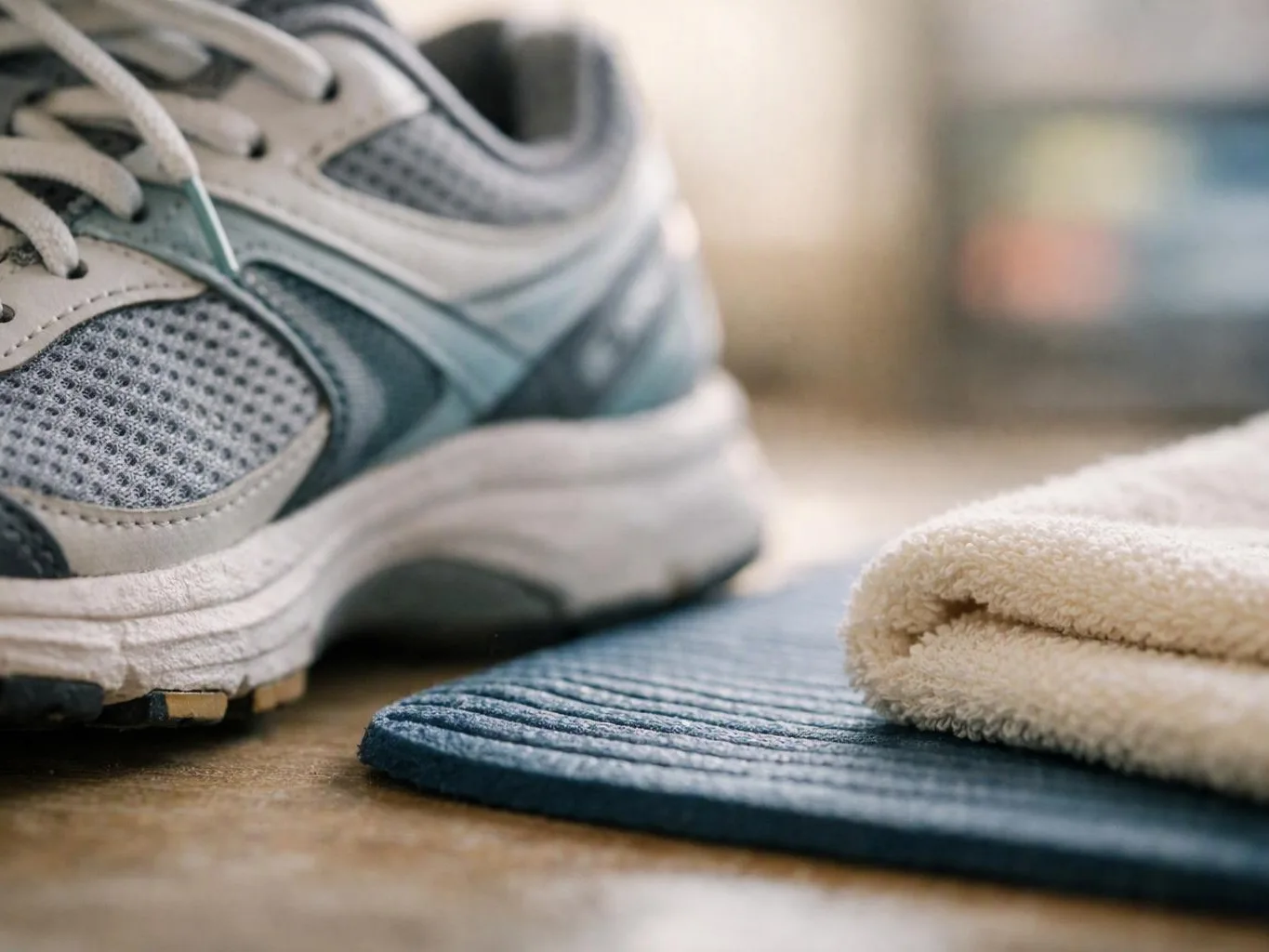 A running shoe sits beside a rolled towel on a blue exercise mat in soft indoor light