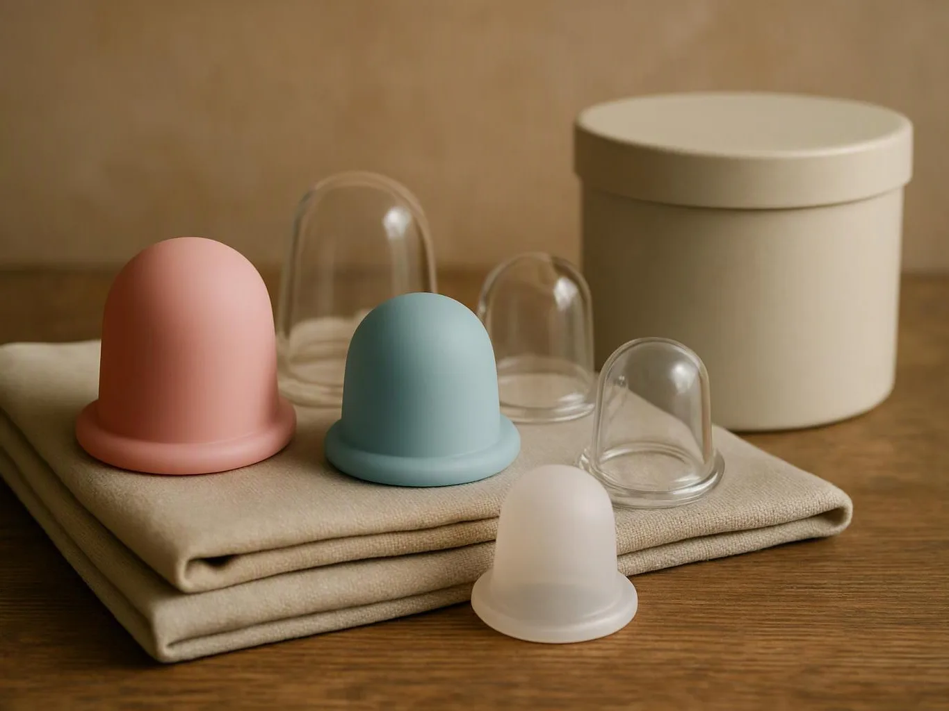 Silicone menstrual cups in pastel colors sit on folded cloth beside clear cups and a cream storage container