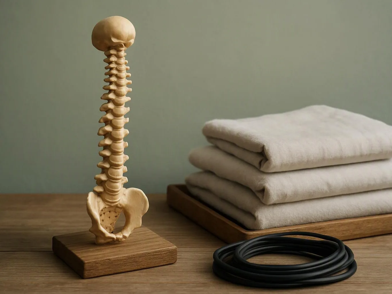 A small spine model stands beside folded towels and a coiled black strap on a wooden table