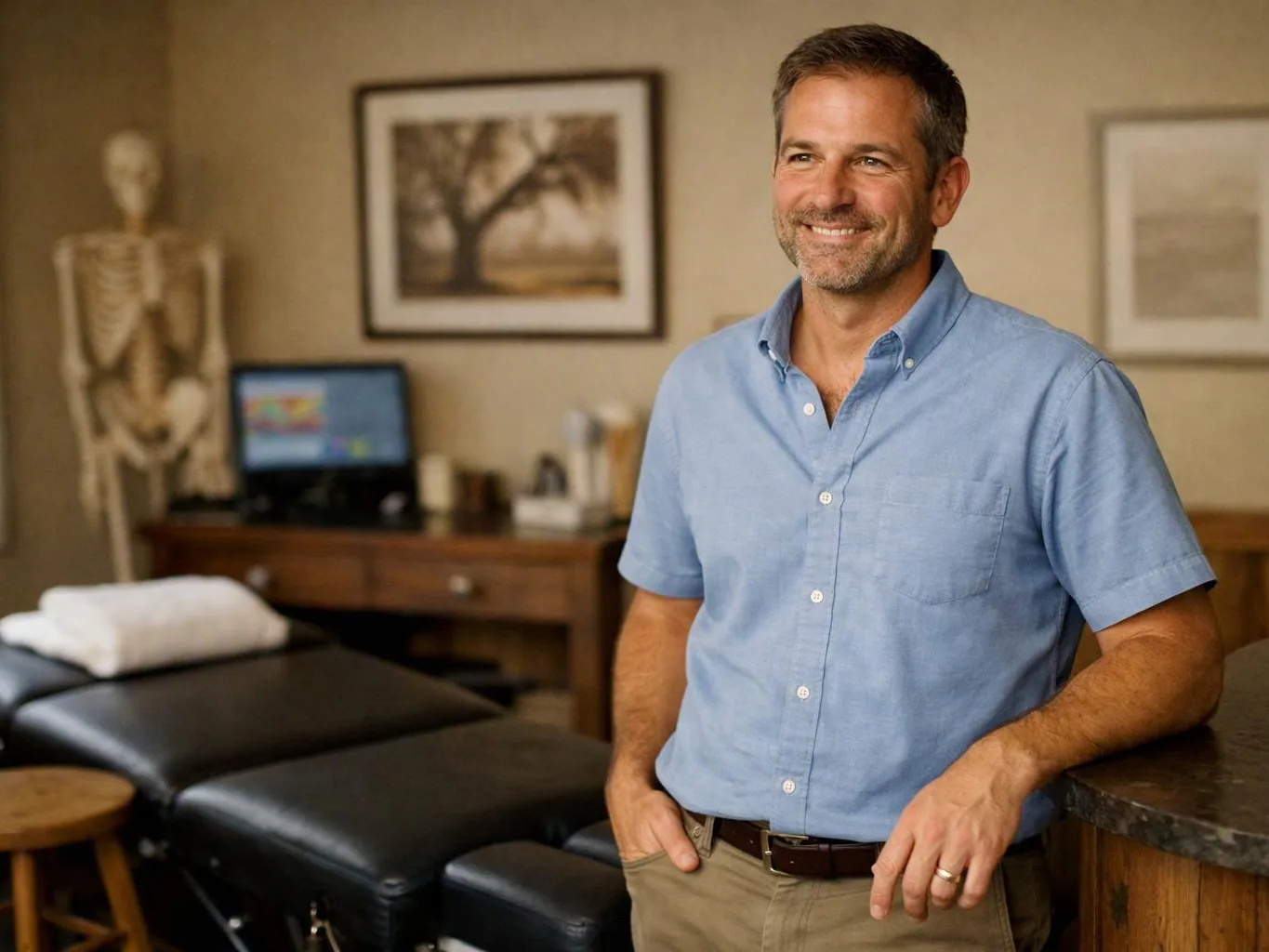 A smiling man in a blue shirt stands beside a massage table in a treatment room
