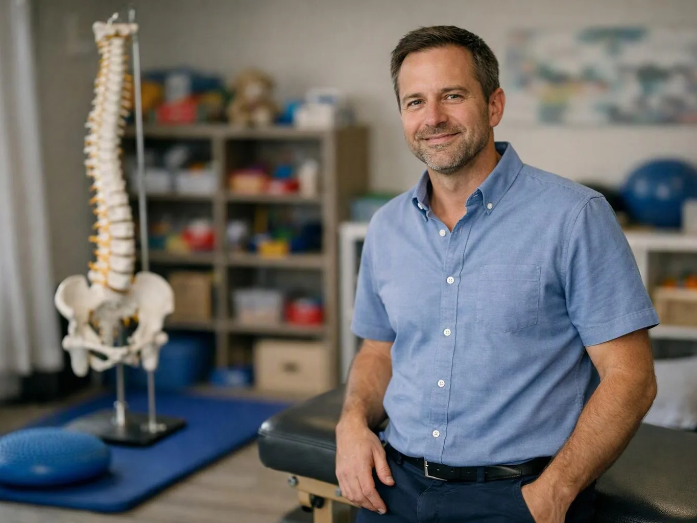 A smiling man in a blue shirt stands beside a spine model in a physical therapy room
