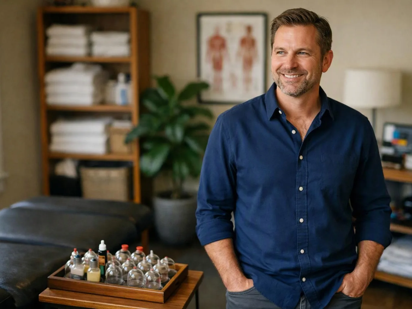 A smiling man in a blue shirt stands in a treatment room beside massage cups and shelves of folded towels