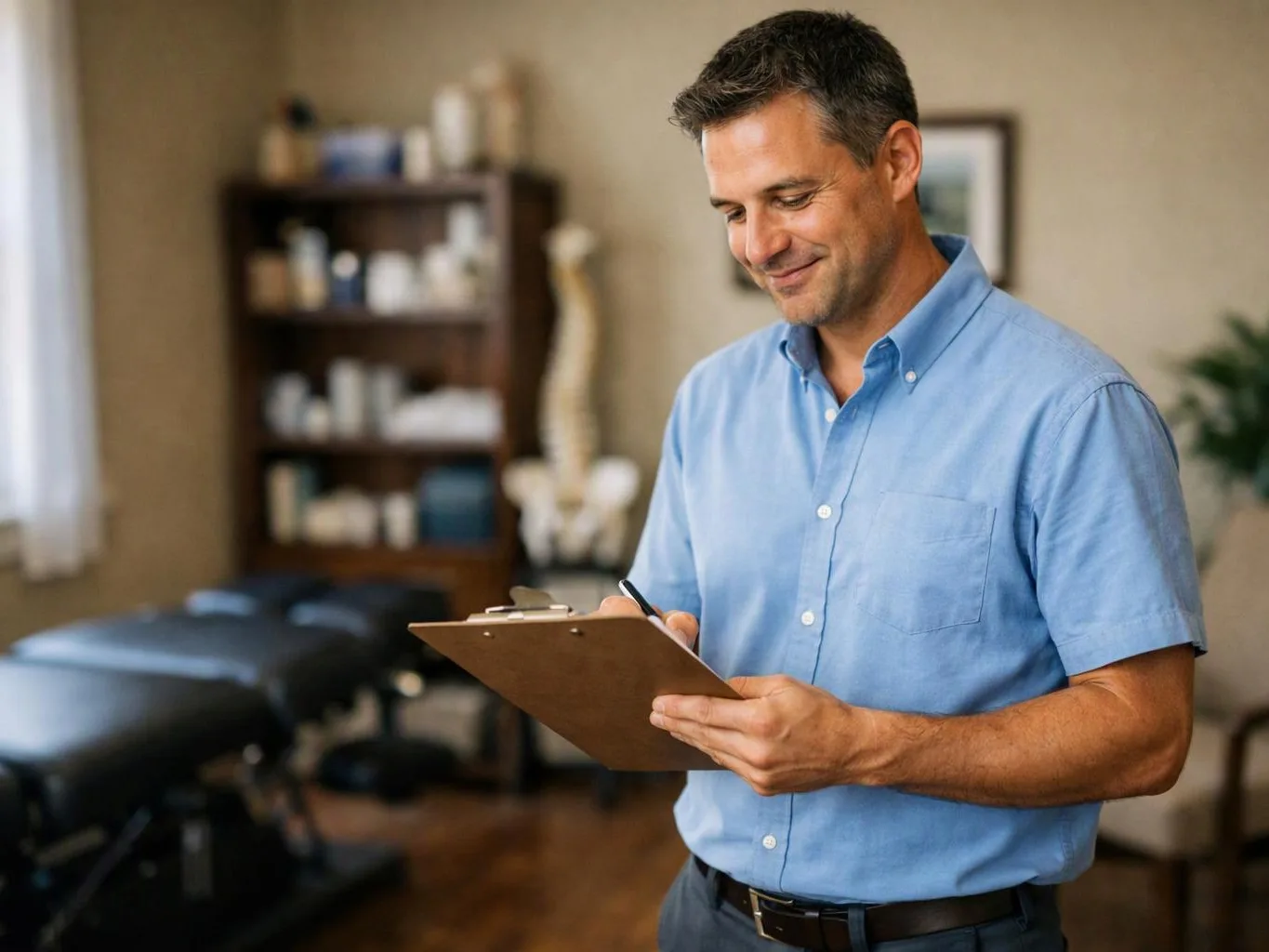 A smiling man in a blue shirt writes on a clipboard inside a treatment room