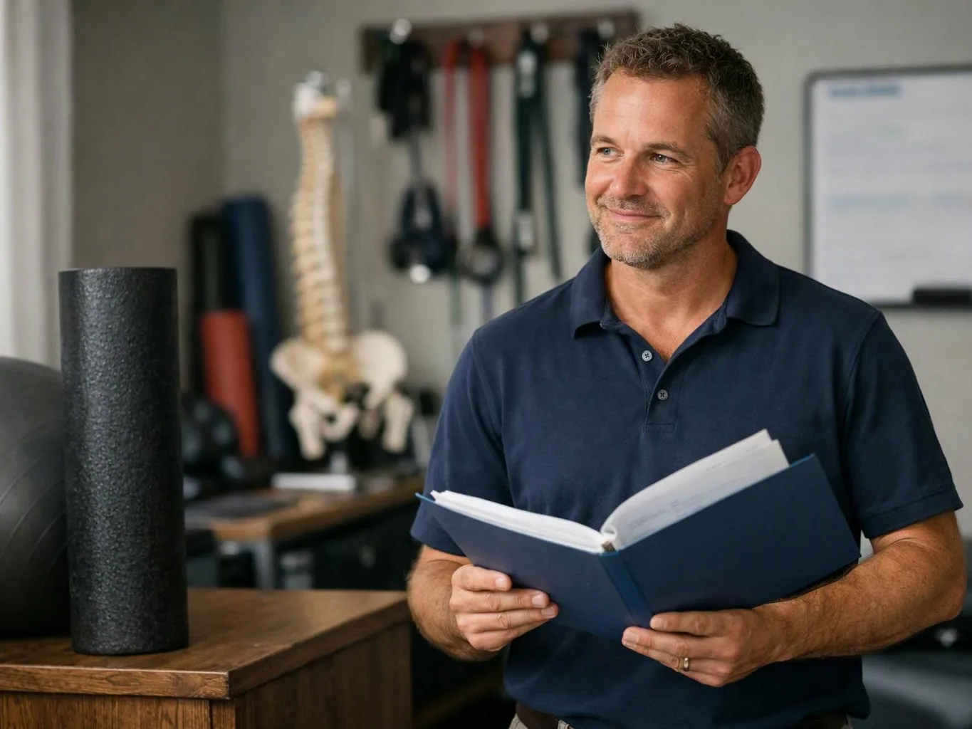 A smiling man in a navy polo holds an open blue binder in a therapy room