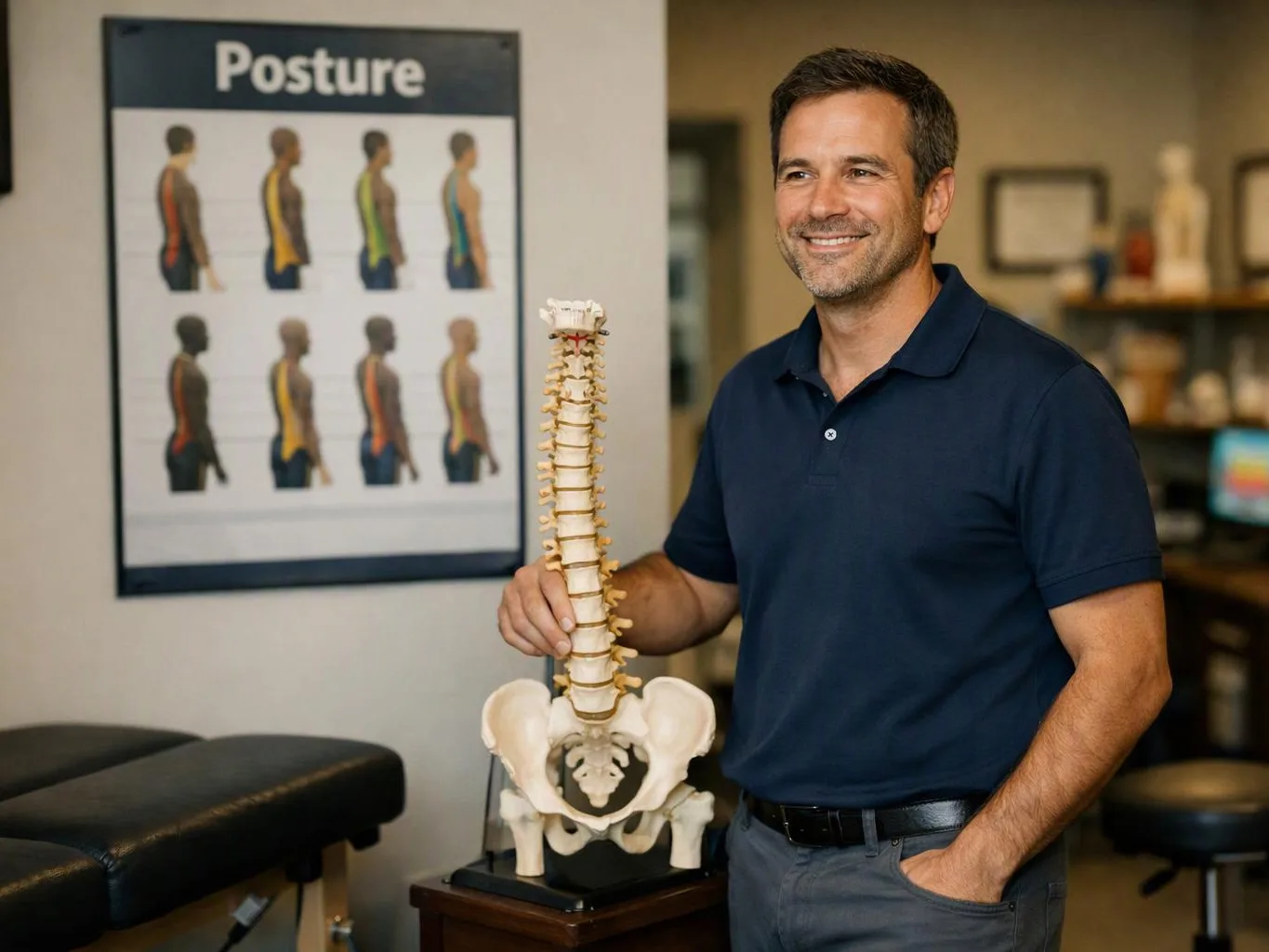A smiling man stands in a clinic, holding a spine model beside a posture chart on the wall