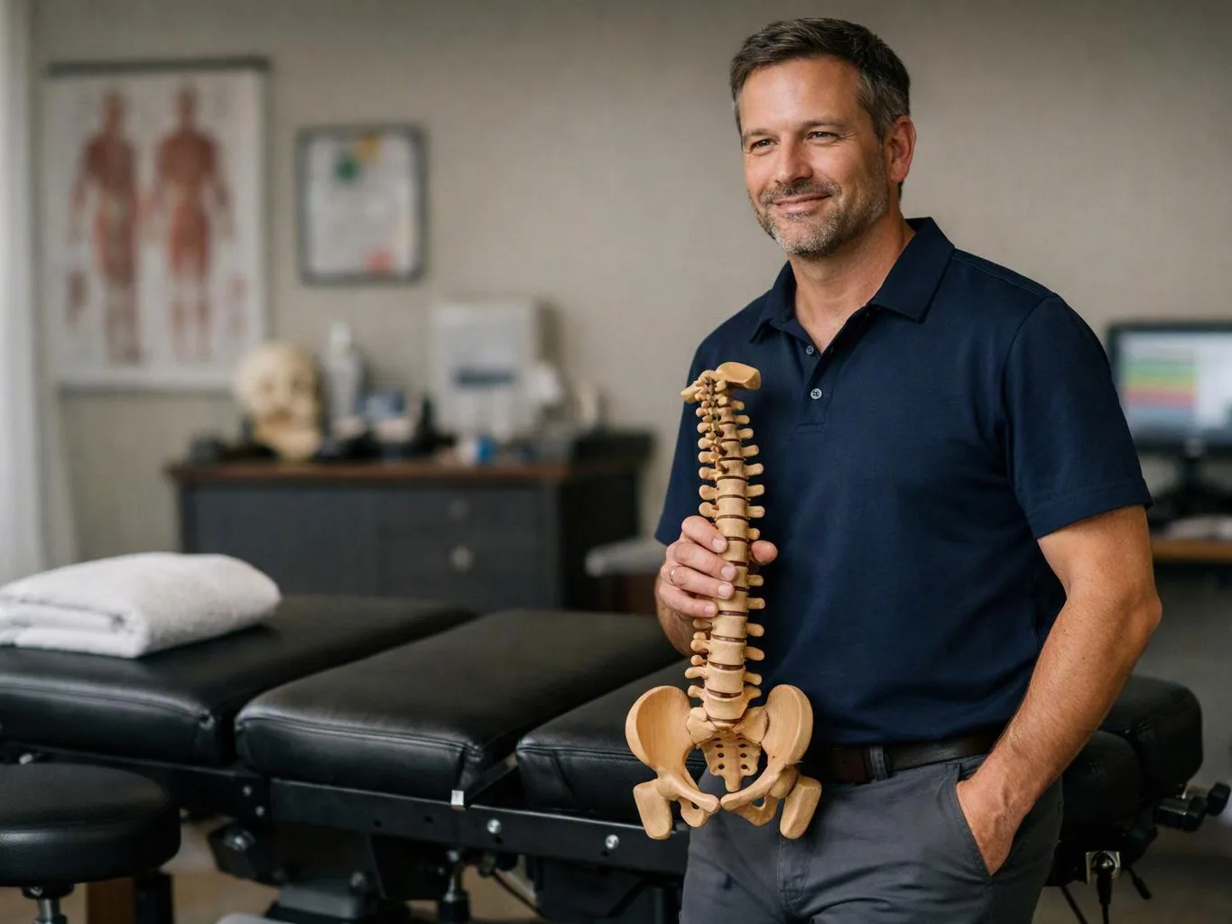 A smiling man stands in a clinic room holding a wooden spine model beside exam tables