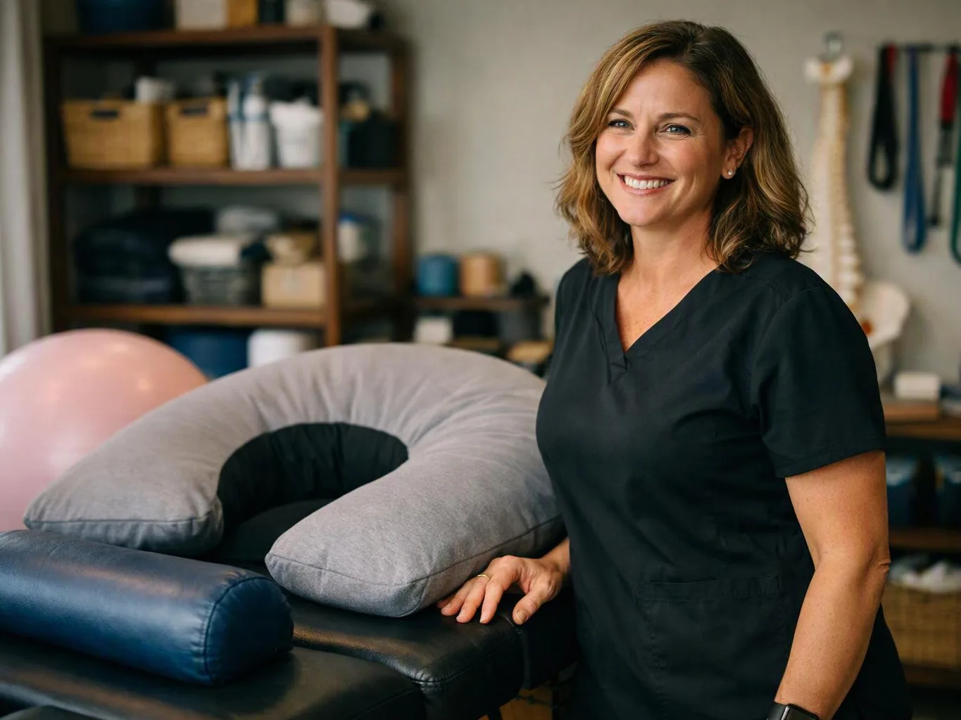 A smiling woman in black scrubs stands beside a padded treatment table with therapy cushions in a clinic room