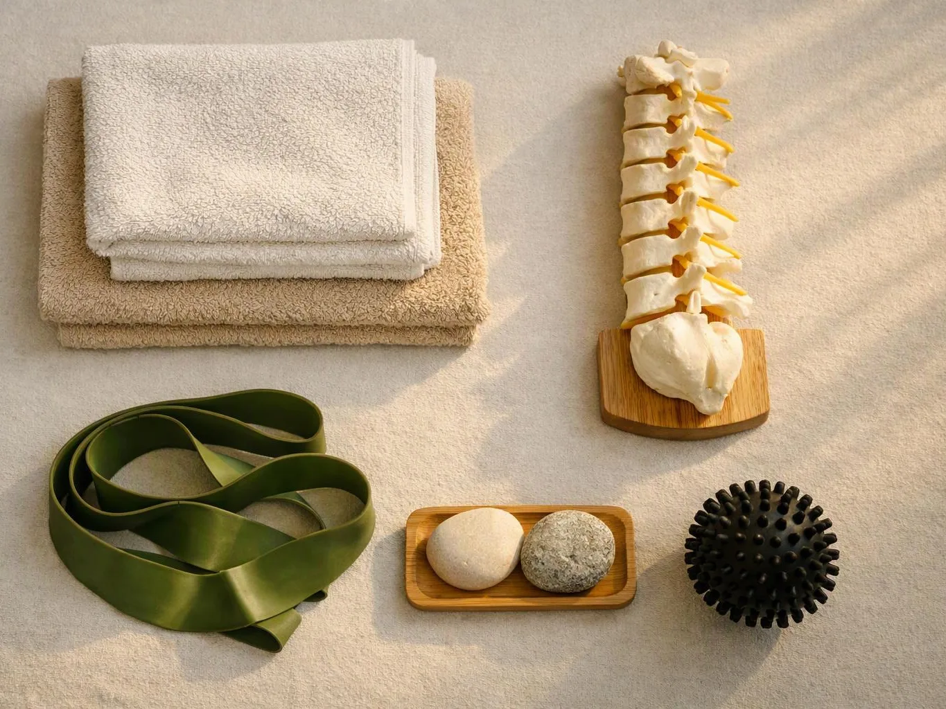 Spa items arranged on a soft beige surface, with towels, a spine model, a green band, stones, and a black massage ball