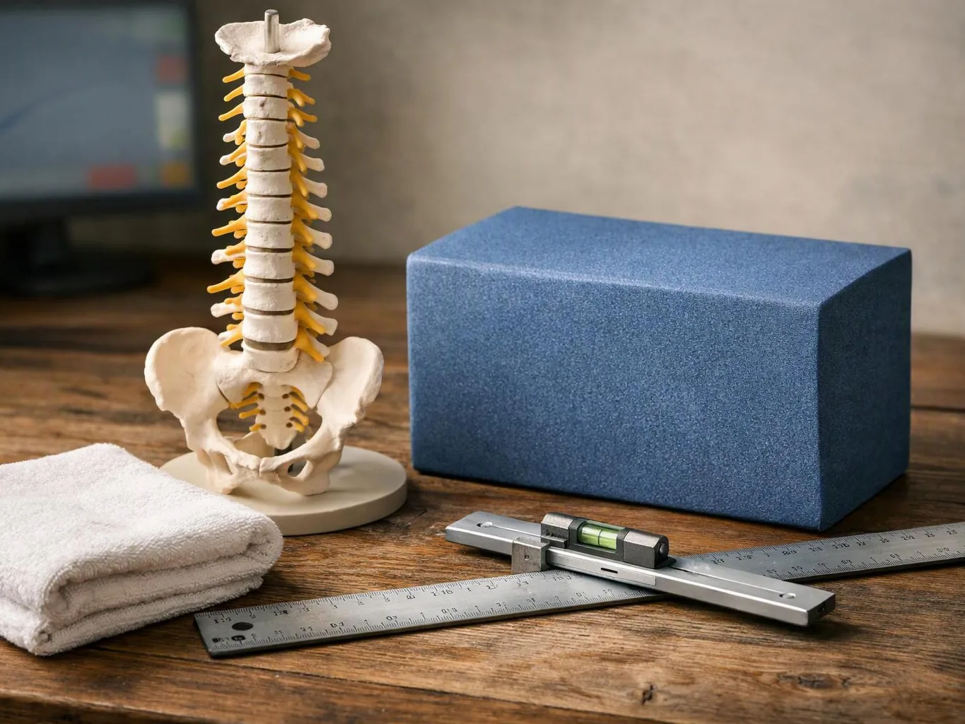 A spine model, blue foam block, folded towel, ruler, and level sit on a wooden table