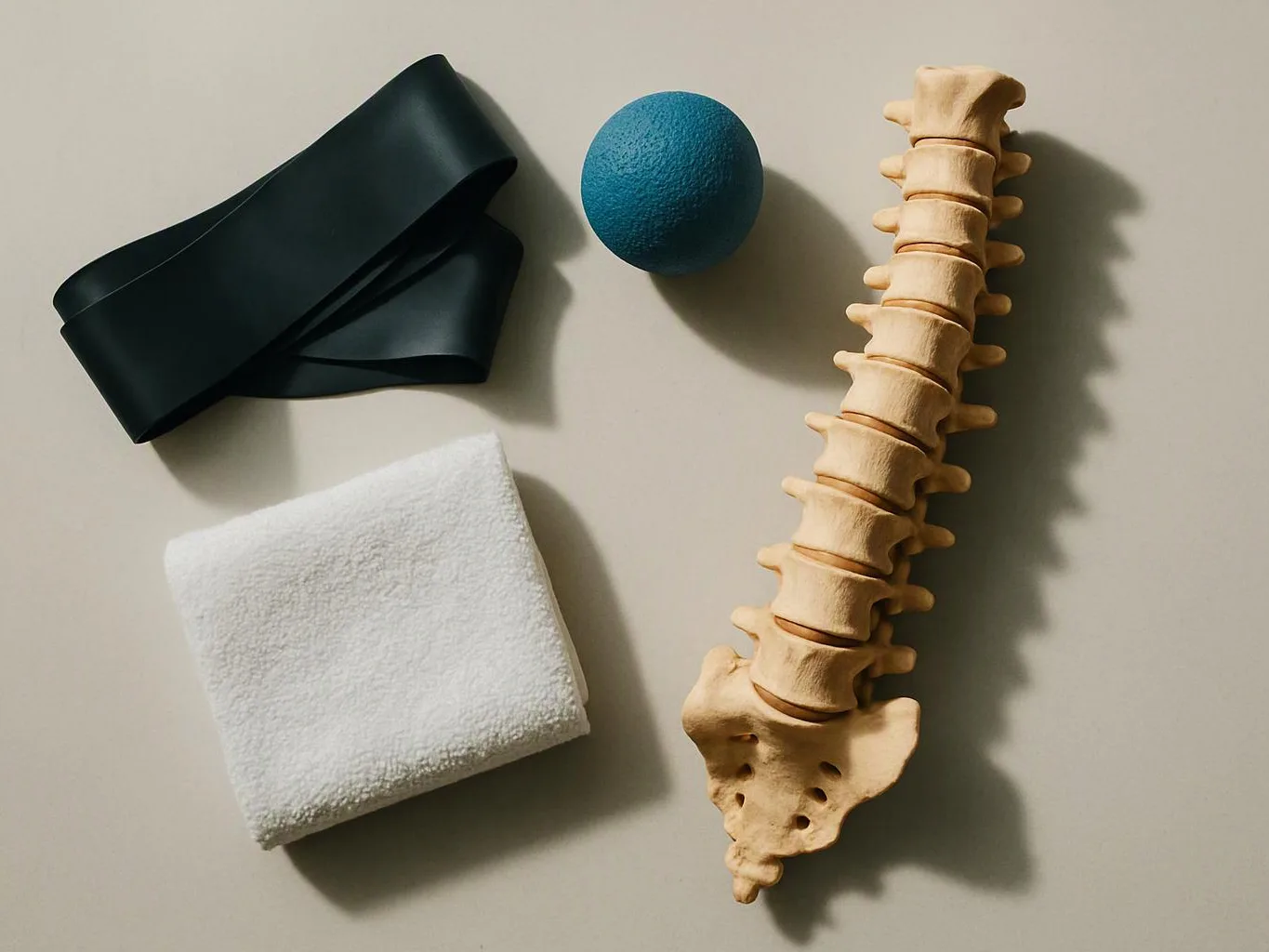 A spine model, exercise ball, resistance band, and folded towel lie on a neutral background