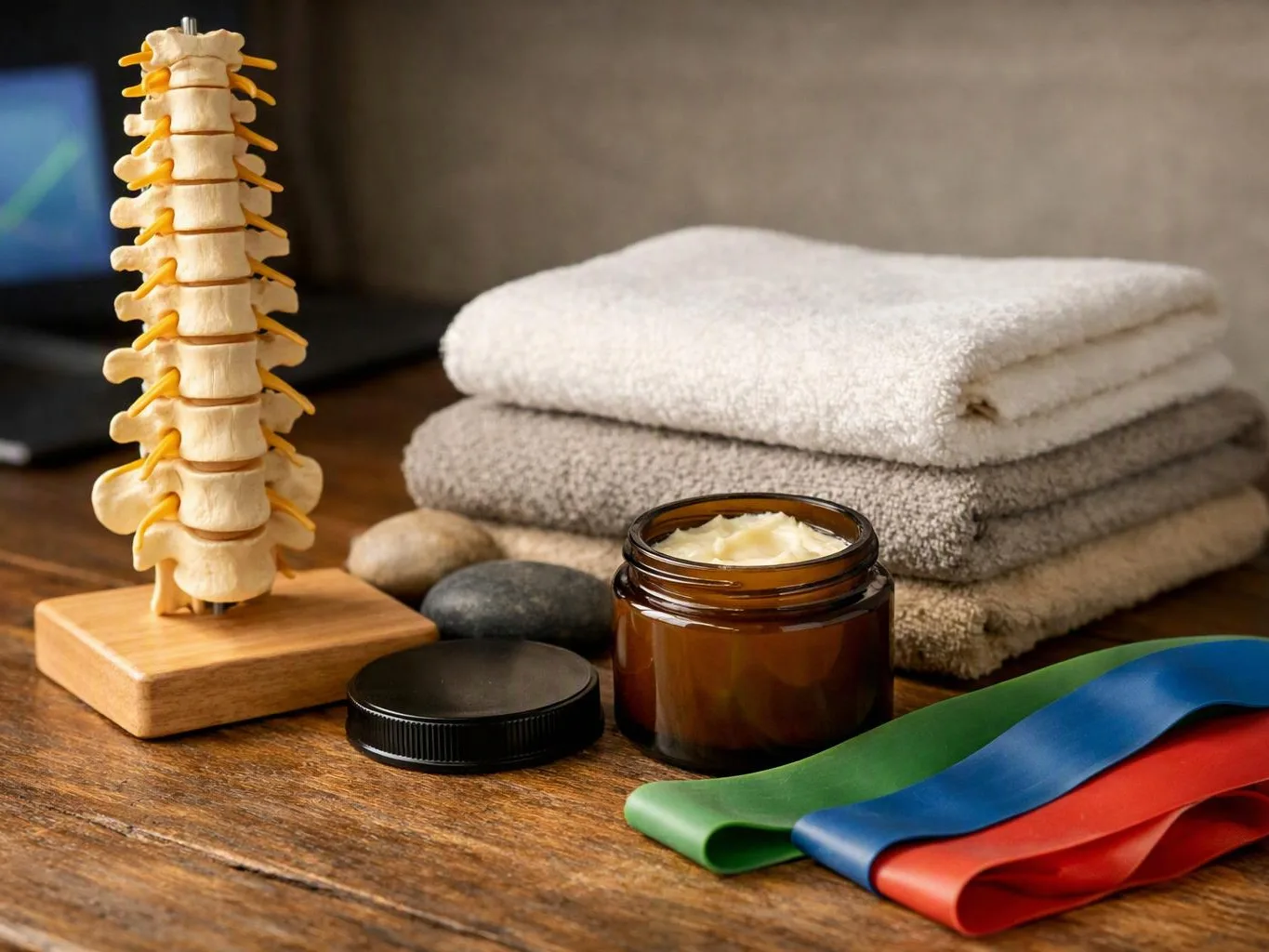 A spine model, folded towels, massage cream, stones, and resistance bands sit on a wooden table