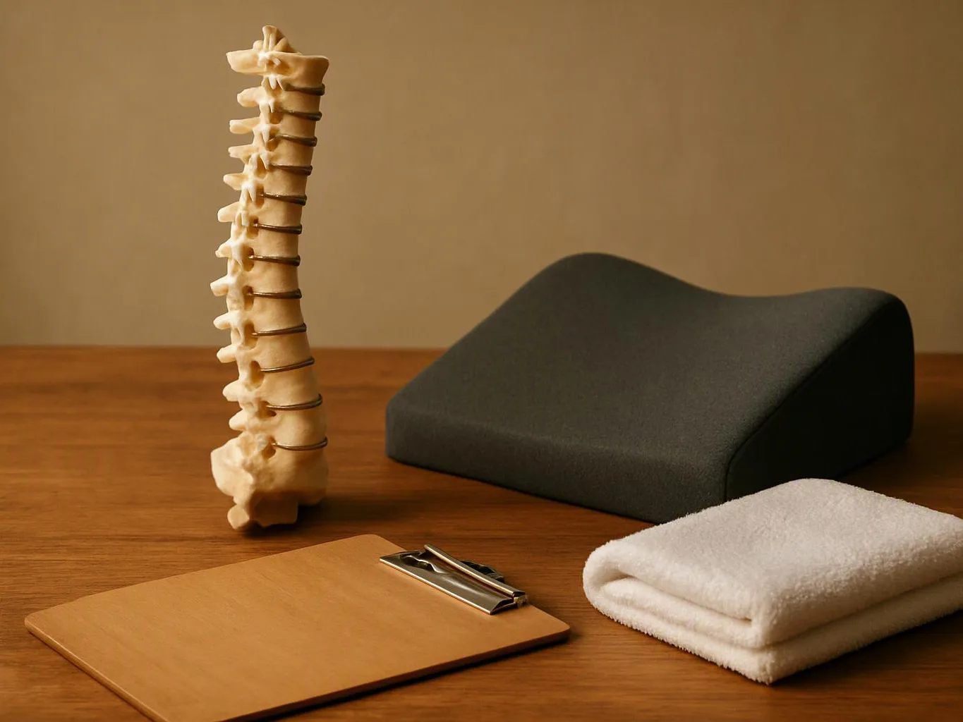 A spine model stands beside a black foam support, a clipboard, and folded white towels on a wooden table