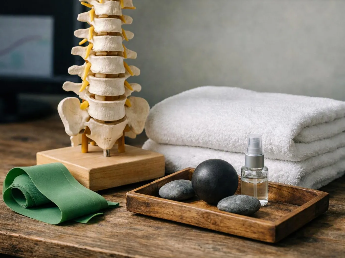 A spine model stands beside folded towels, a green resistance band, stones, and a small spray bottle on a wooden table