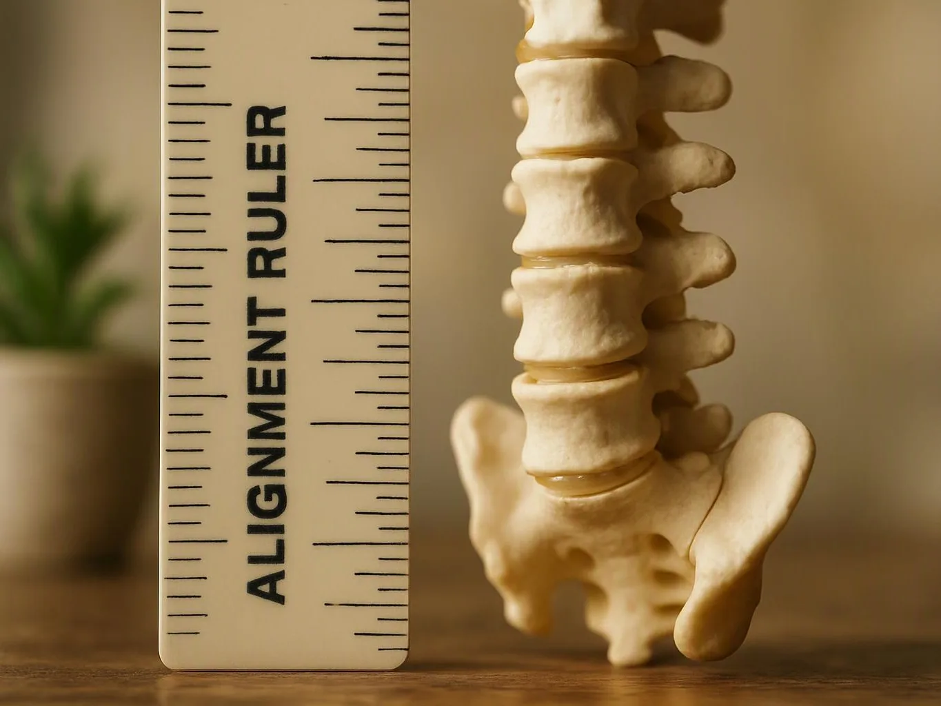 A spine model stands beside a ruler on a wooden table with a blurred plant in the background
