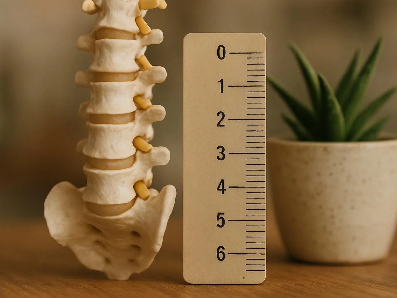 A spine model stands beside a wooden ruler and a small potted plant on a table