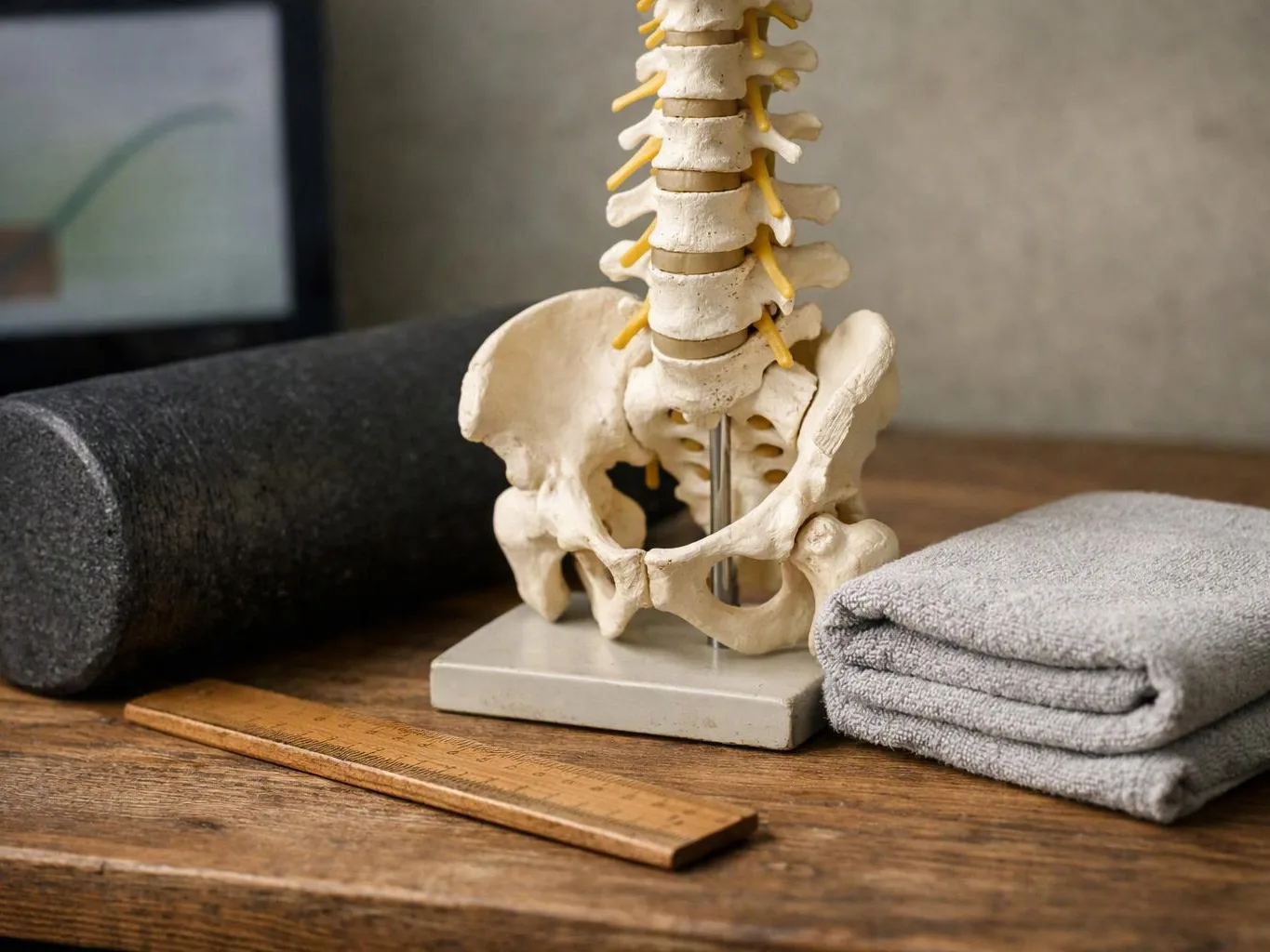 A spine and pelvis model sits on a wooden table beside a foam roller, folded towel, and ruler