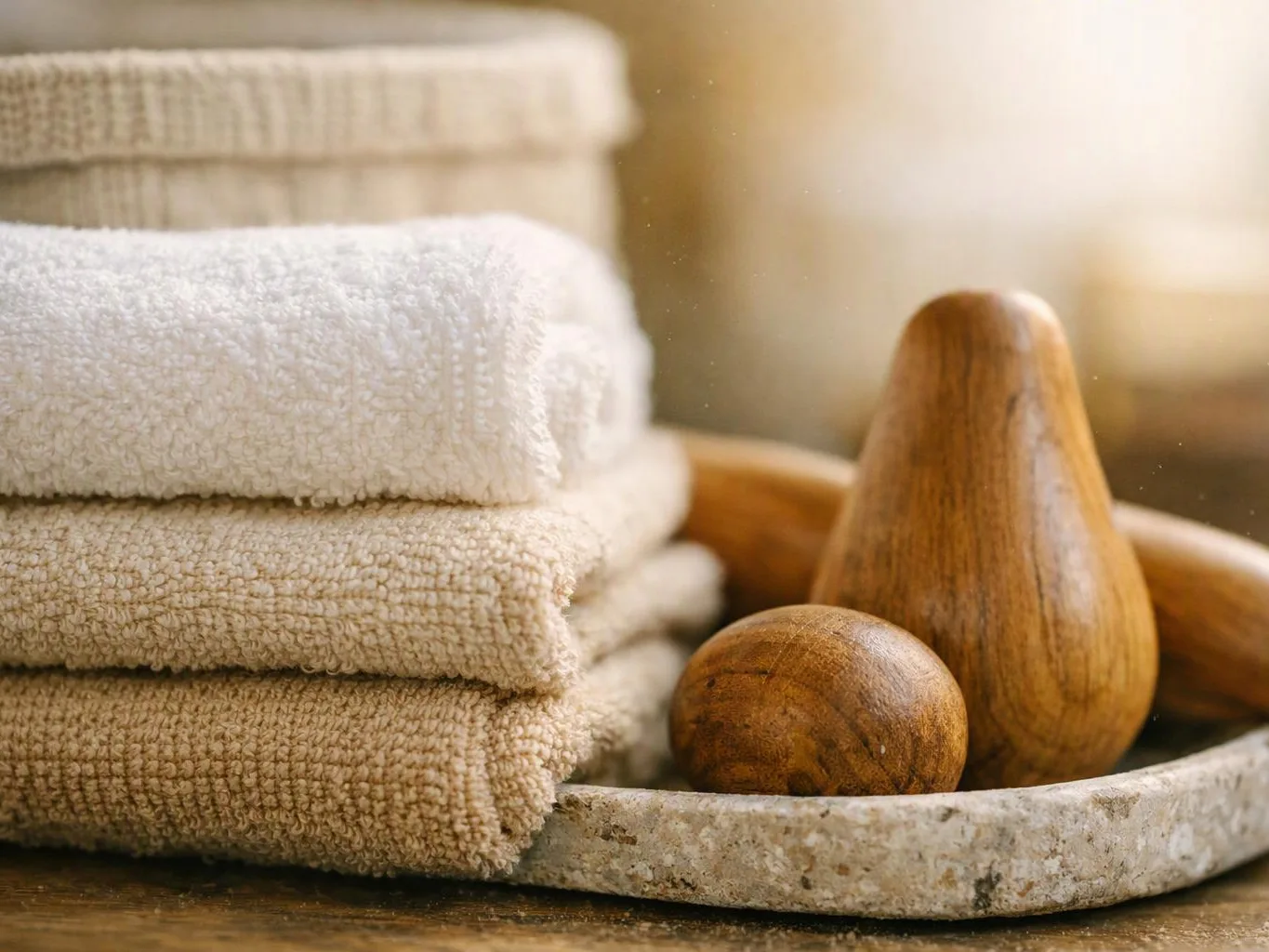 Stacked beige towels sit beside wooden massage tools on a stone tray in warm light