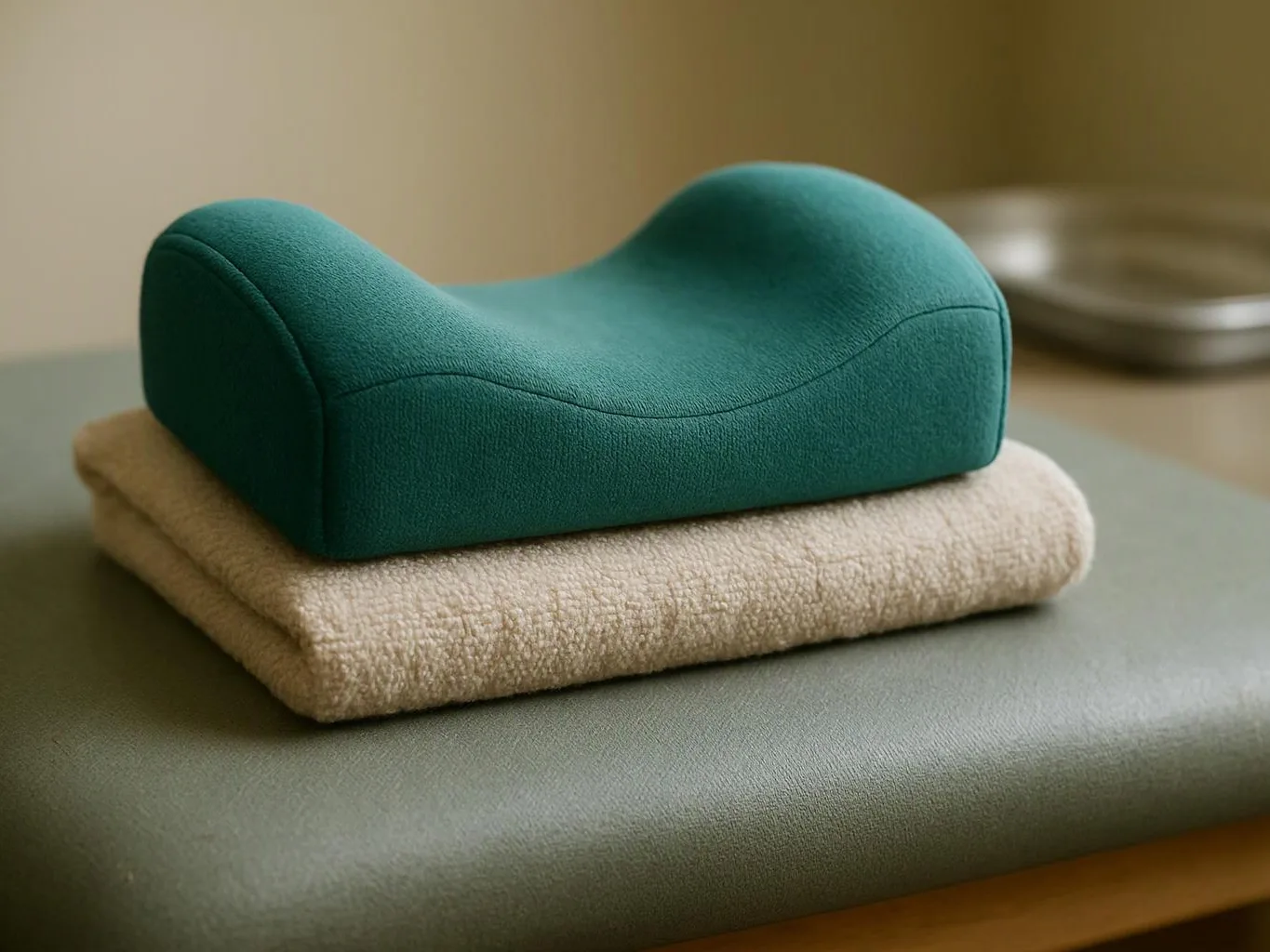 A teal foam cushion sits on folded cream fabric atop a gray padded surface