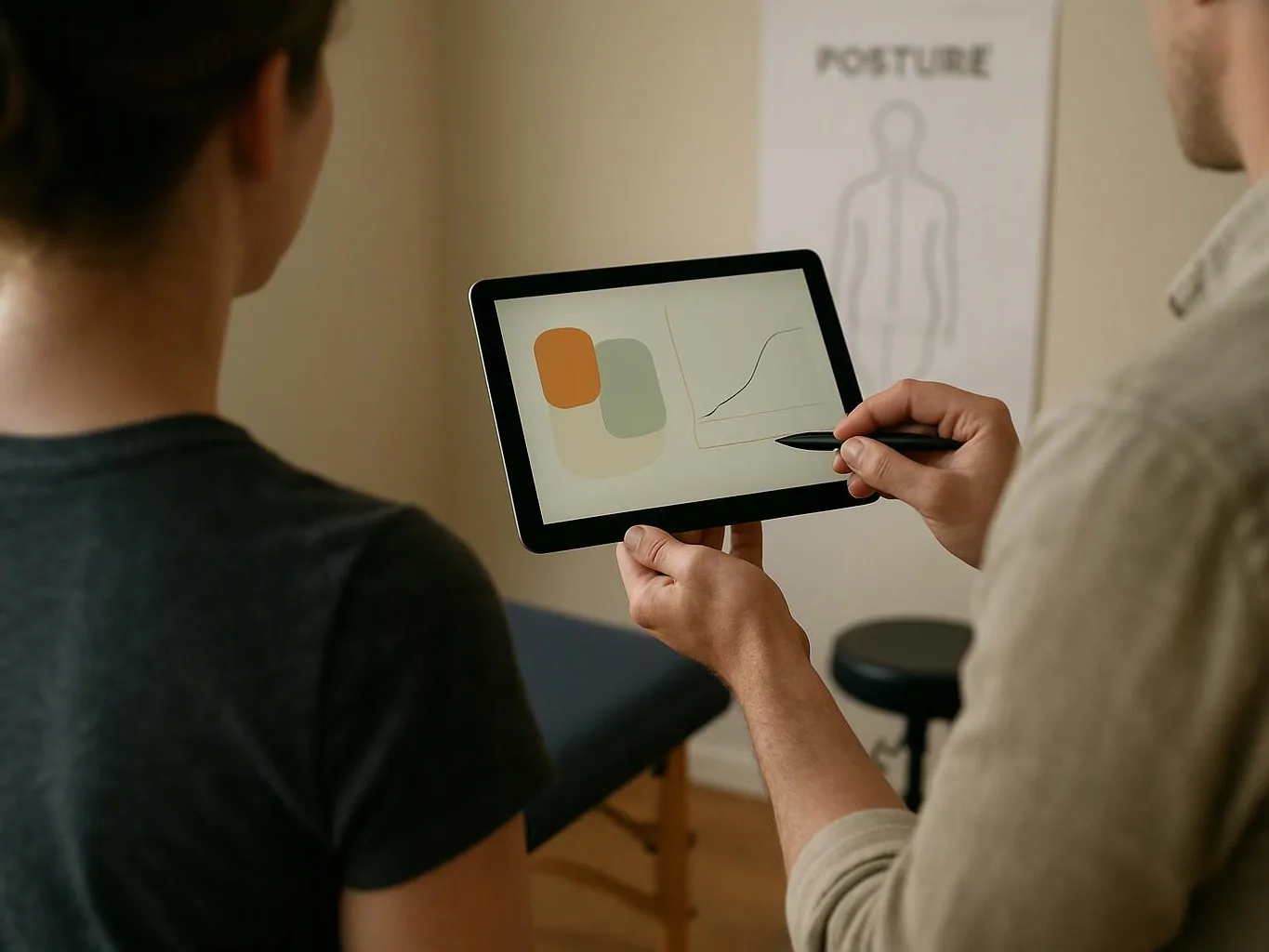 A therapist shows a tablet chart to a seated patient in a quiet exam room