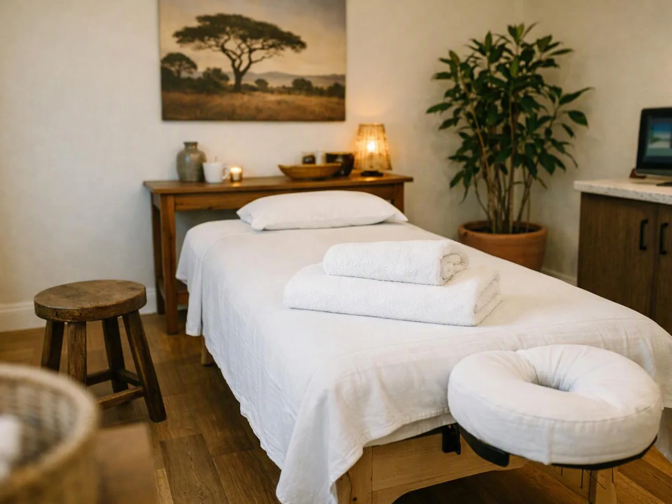 A tidy massage room shows a white treatment bed, folded towels, soft lamp light, and a potted plant
