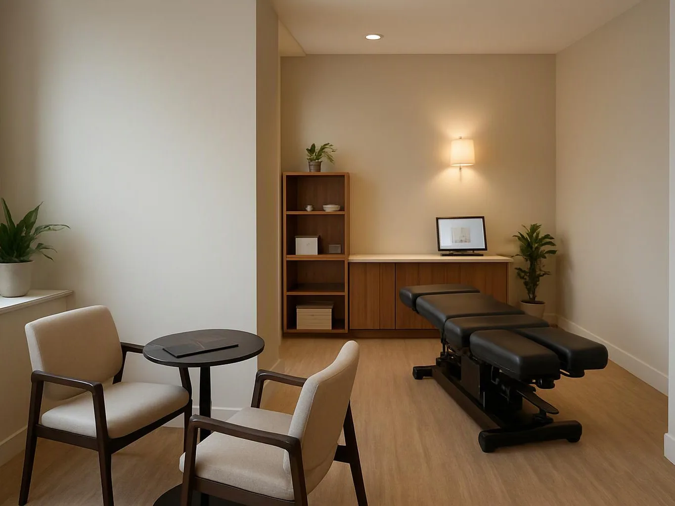 A tidy treatment room has two chairs, a small table, a massage table, shelves, and soft wall lighting