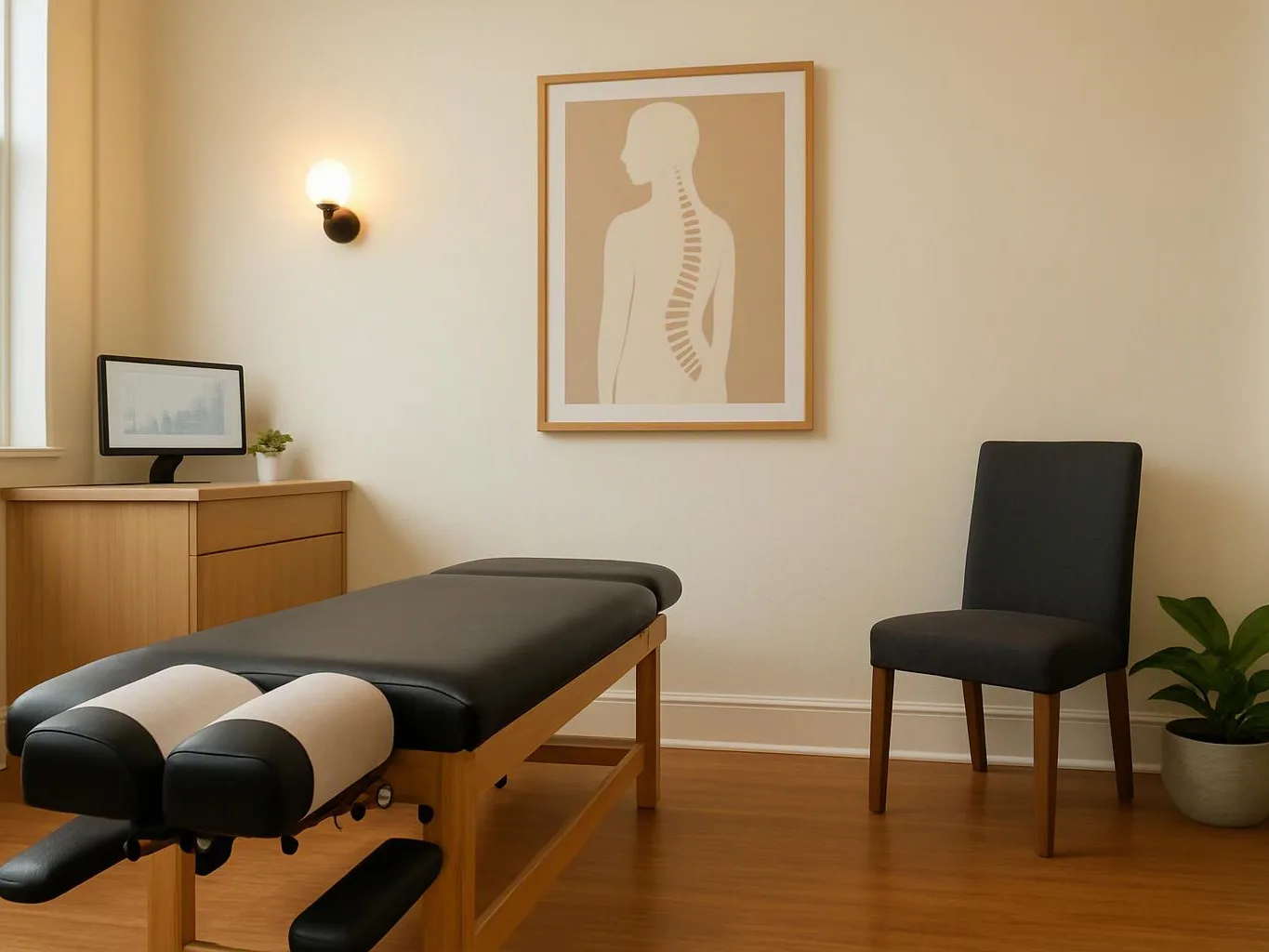 A tidy treatment room holds a massage table, chair, wall art, cabinet, and a small plant