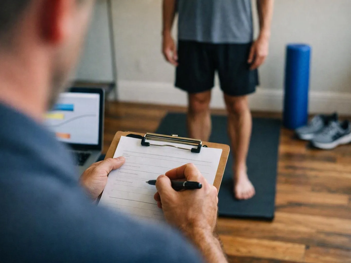 A trainer writes on a clipboard while a man stands on a mat in a home exercise room