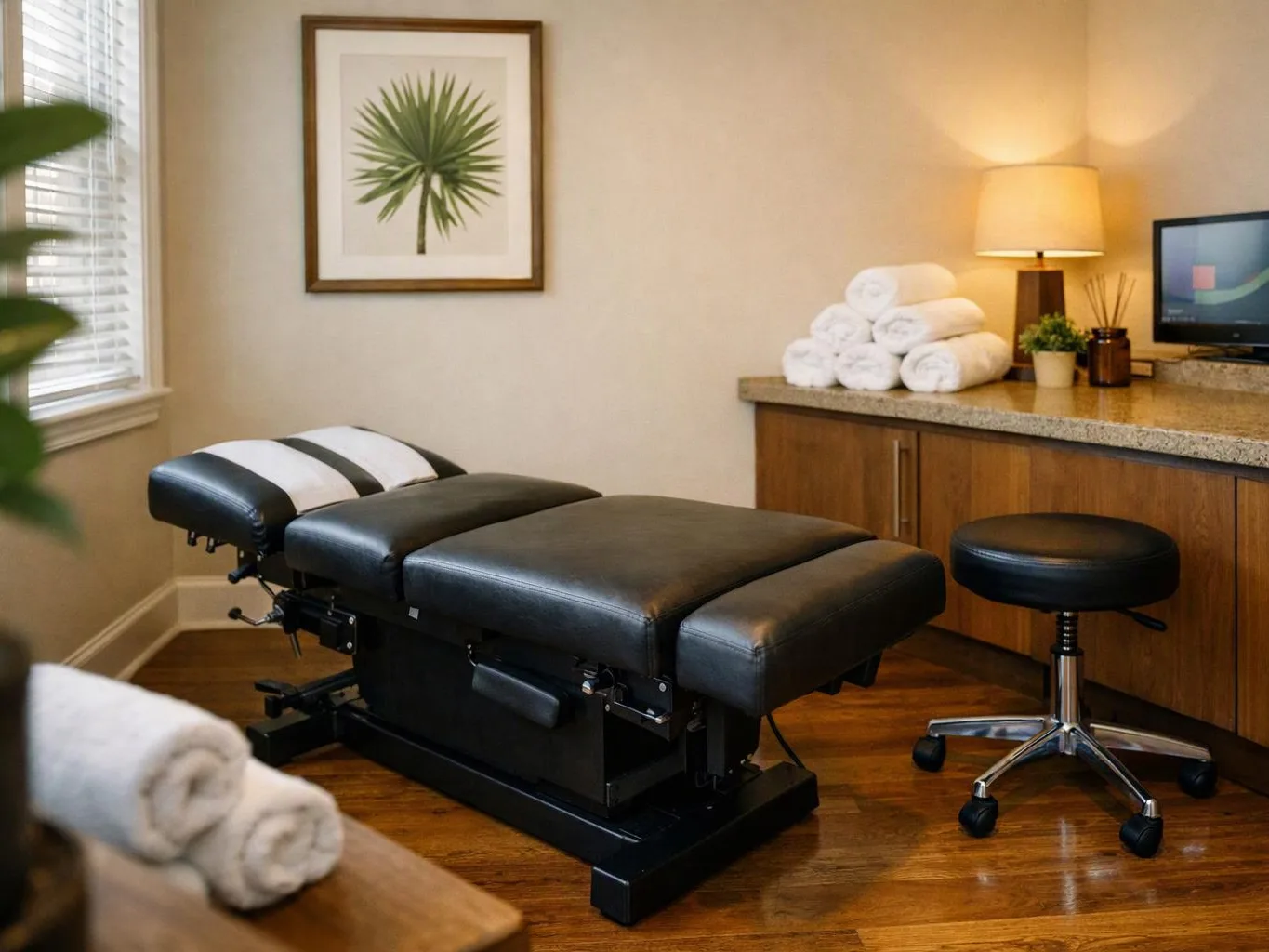 A treatment table sits in a tidy spa room with rolled towels, a lamp, and a stool by the counter