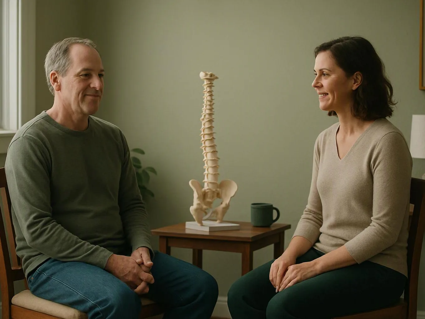 Two adults sit facing each other beside a spine model in a quiet room