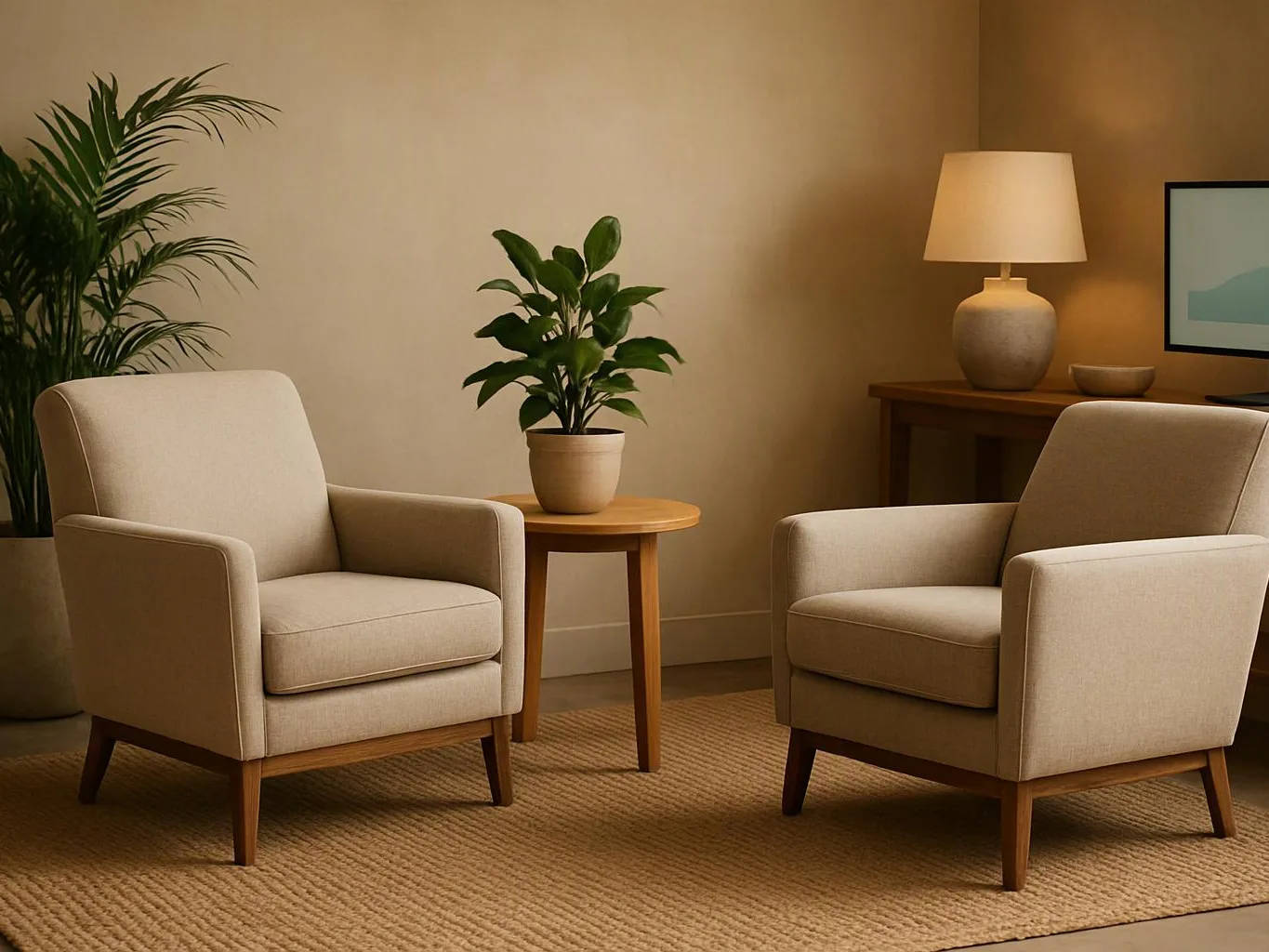 Two beige armchairs face a small table with a potted plant in a warm, tidy living room