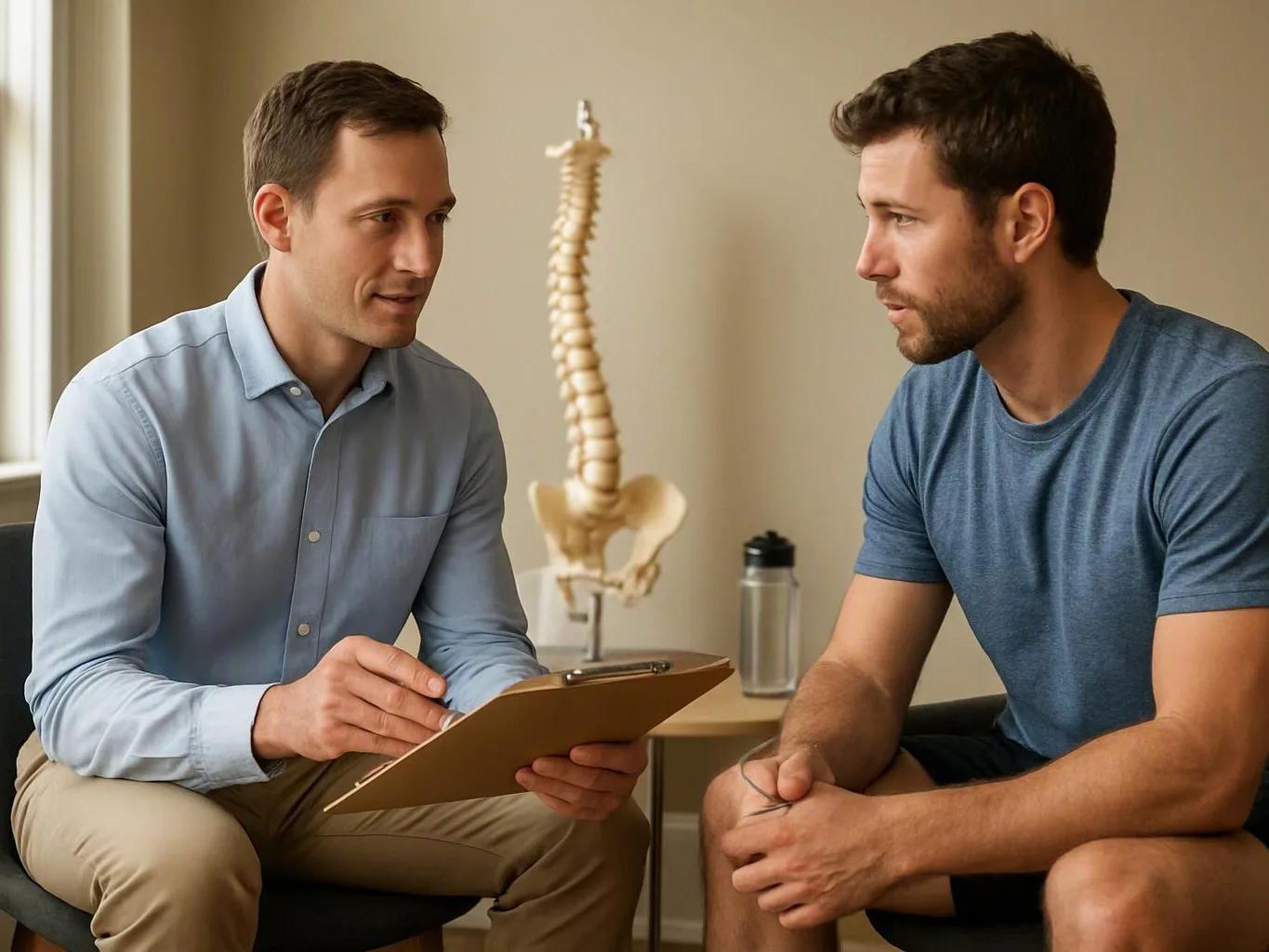 Two men sit facing each other in a clinic, one holding a clipboard with a spine model behind them