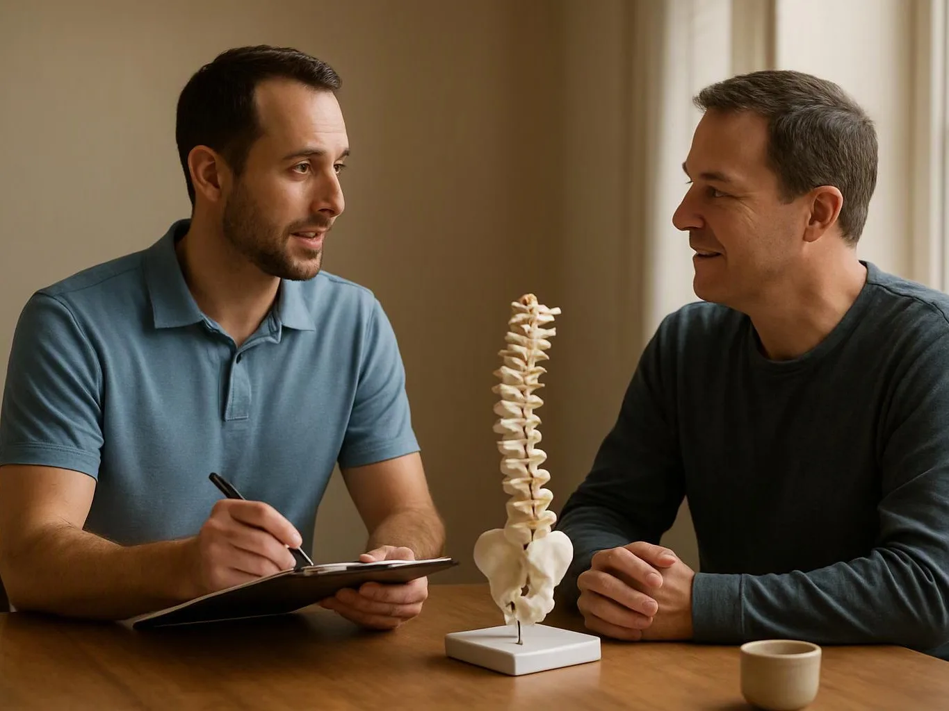 Two men talk across a table, one takes notes while a spine model stands between them