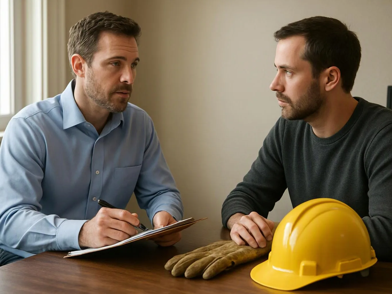 Two men talk at a table, one writing on a clipboard beside a yellow hard hat and gloves