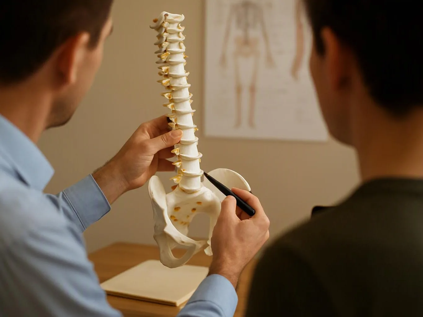 Two people study a spine model, one pointing with a pen in a clinic-like room