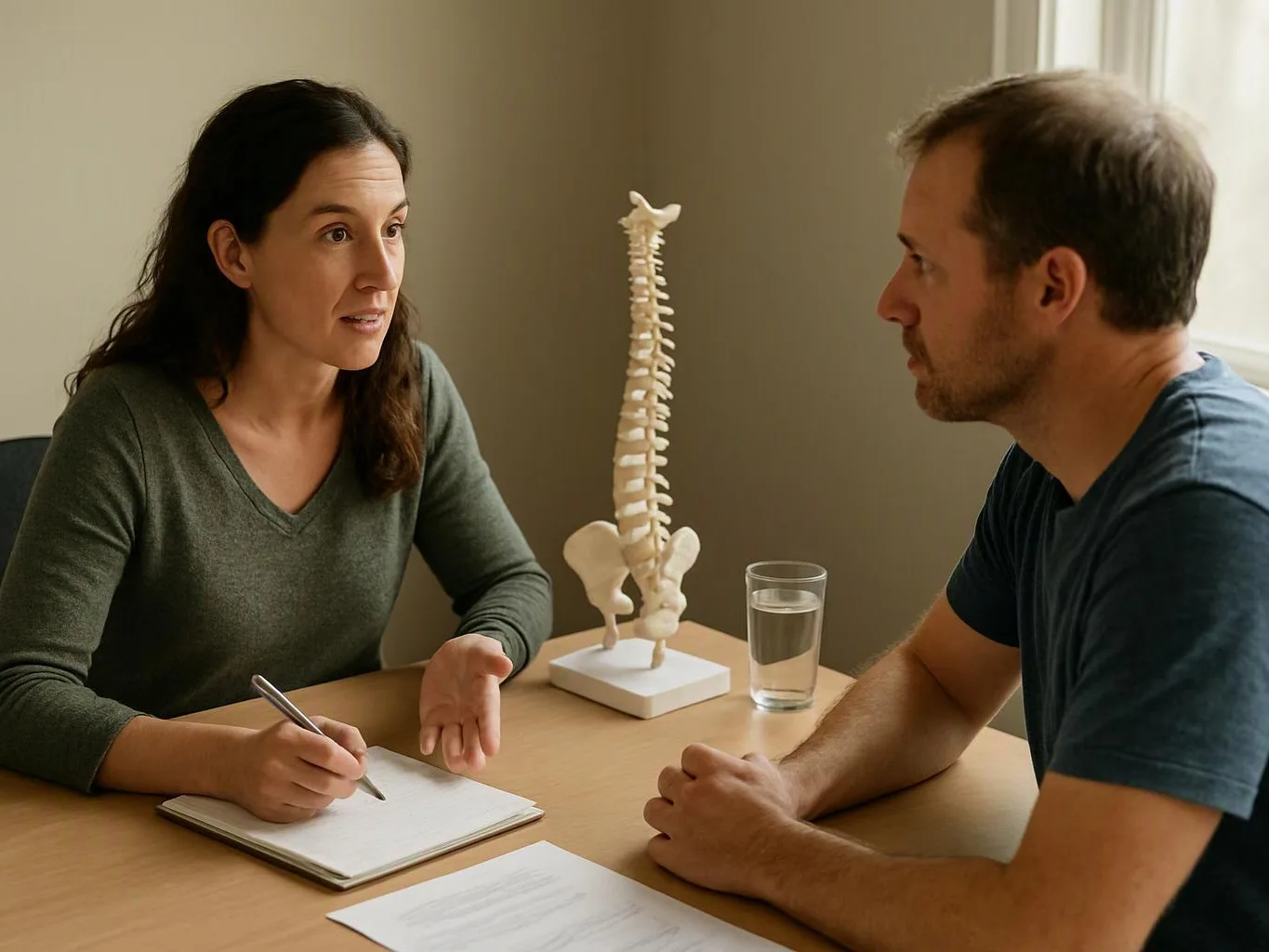Two people talk across a table with a spine model, a notebook, papers, and a glass of water in a bright room