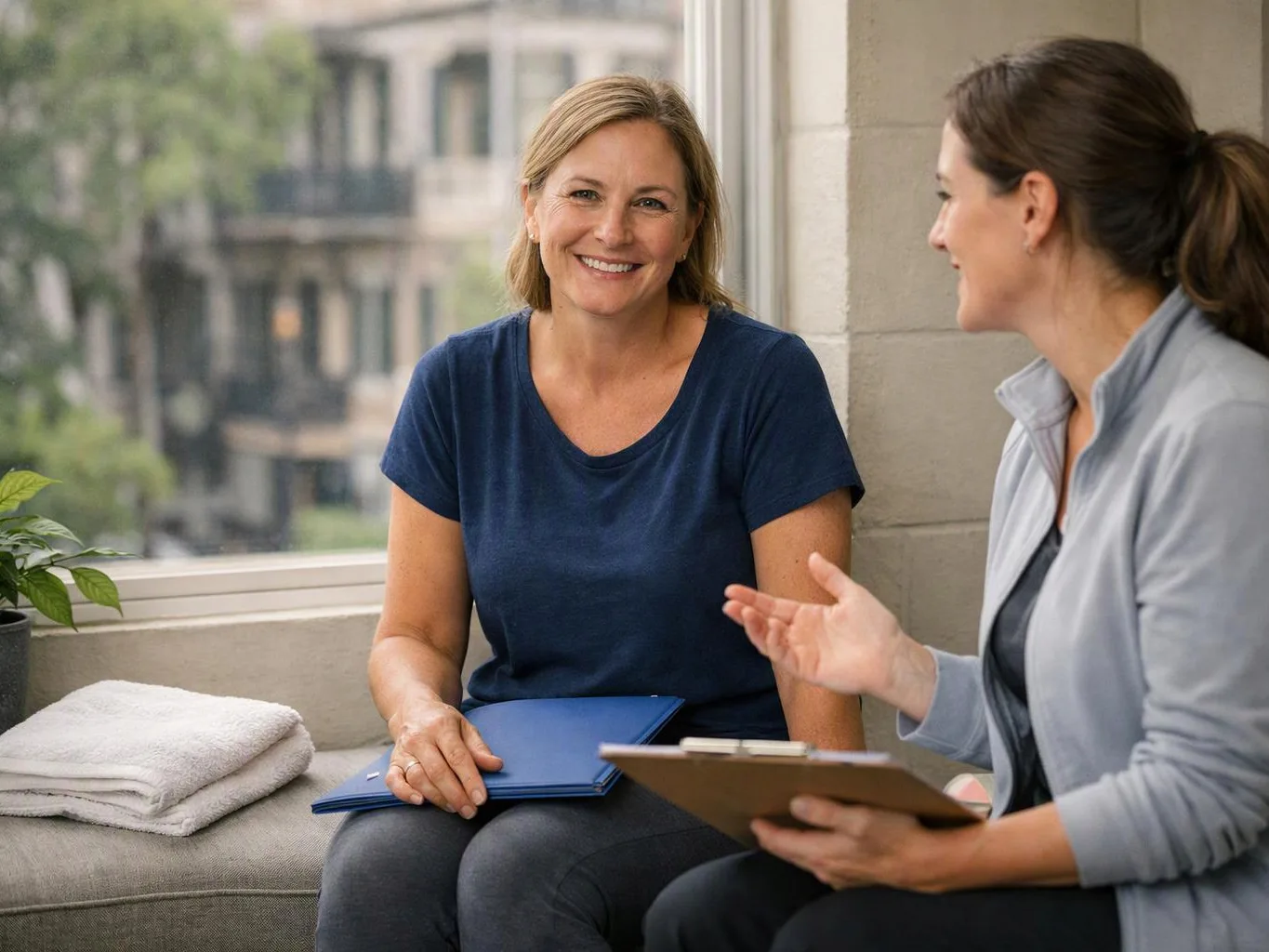 Two women sit by a window, smiling while one talks and the other holds a clipboard and blue folder