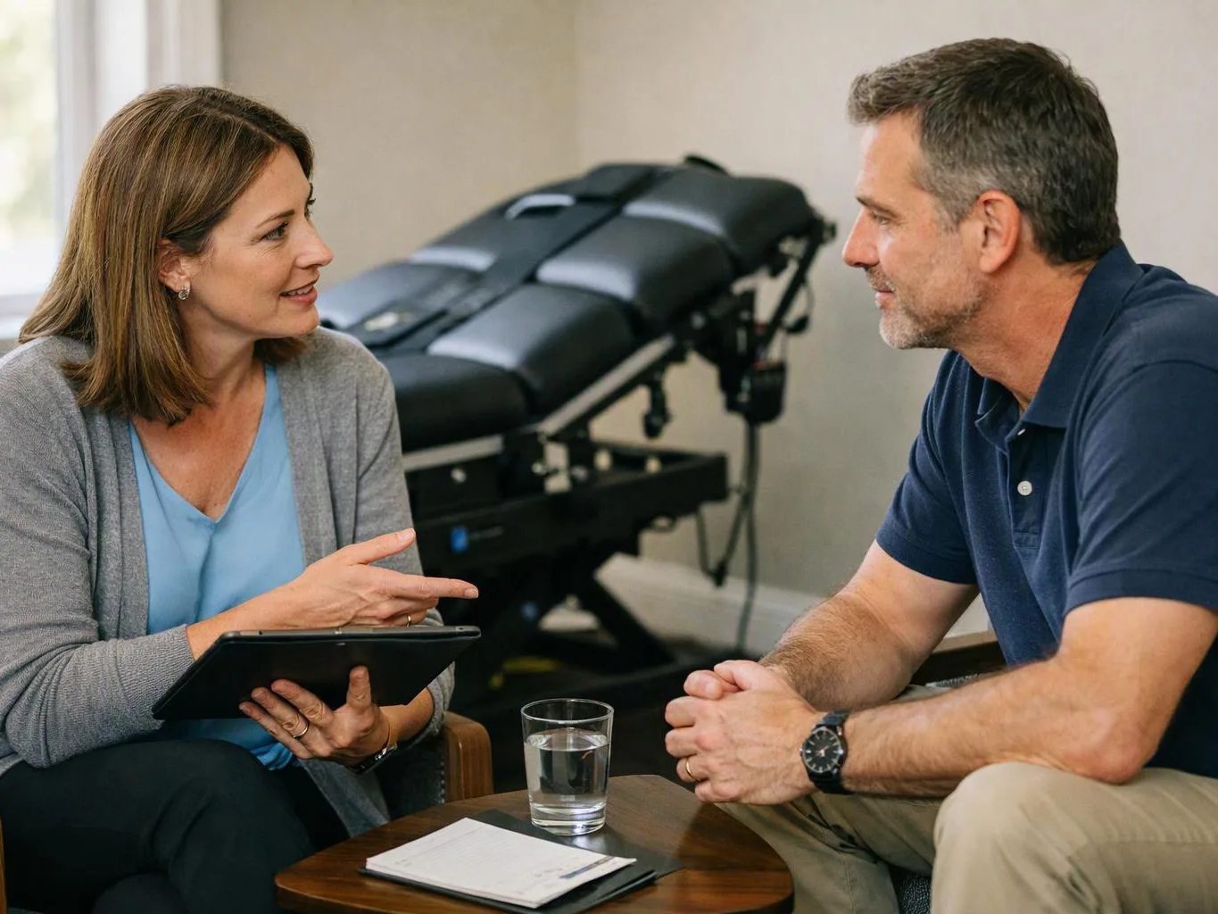 A woman and man talk in a clinic room beside a treatment table and a small table with water and papers
