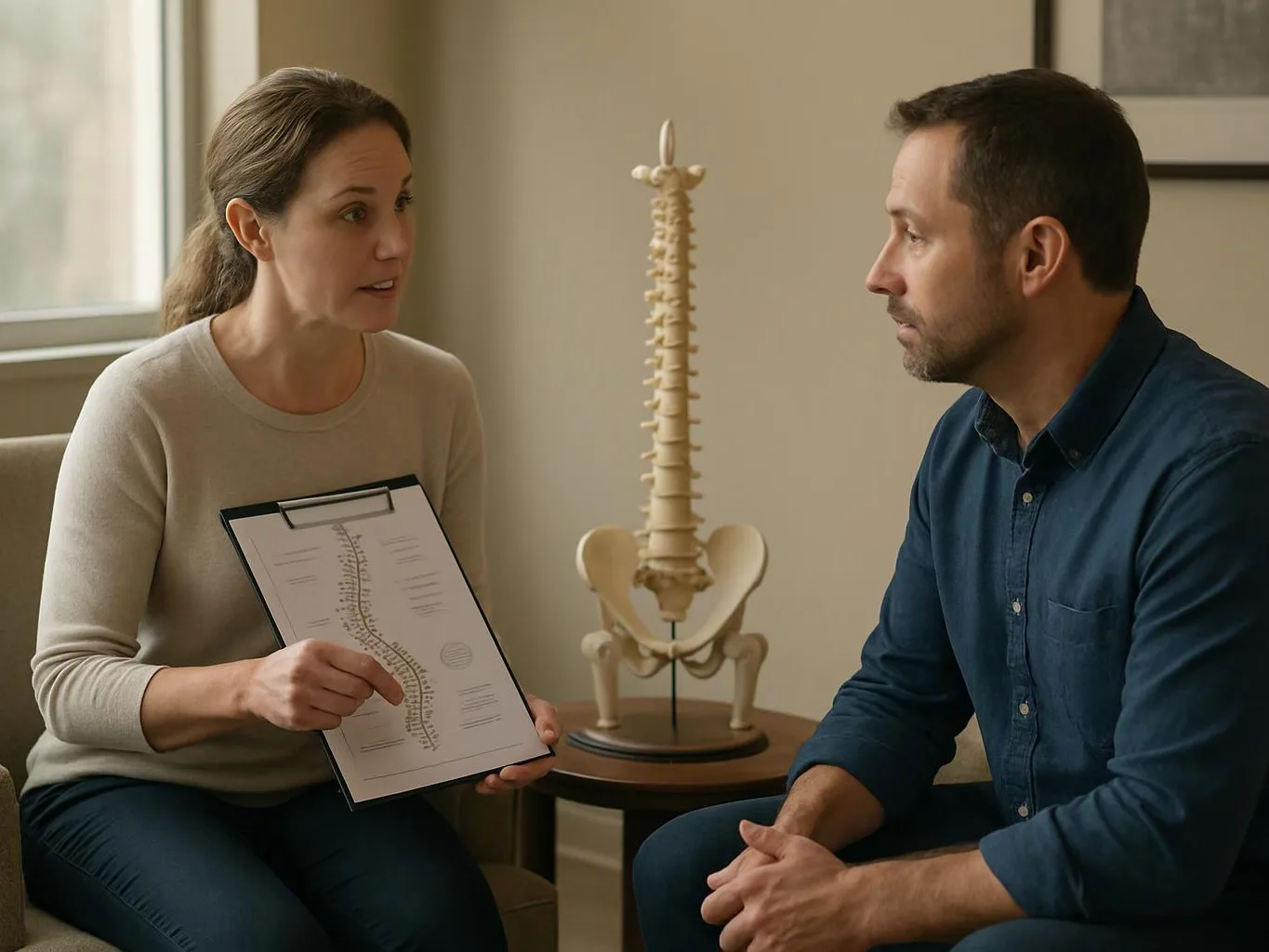 A woman shows a spine chart to a man in a consultation room with a model spine on a table