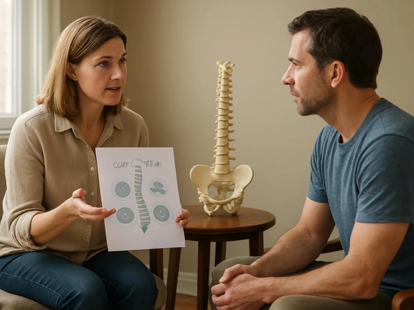 A woman shows a spine diagram to a seated man in a small clinic room
