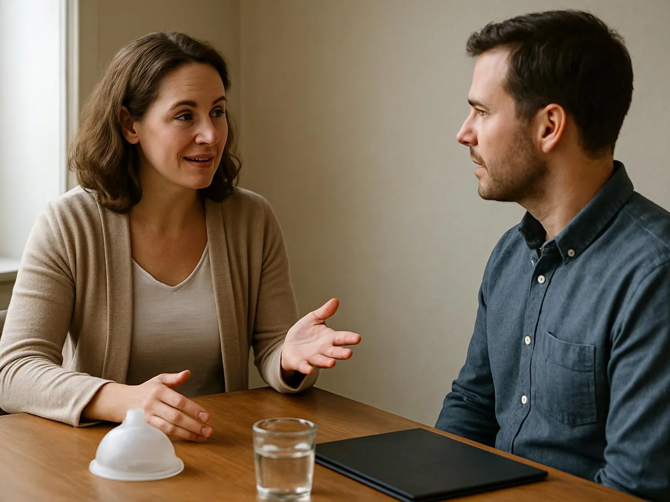 A woman speaks with a man across a table, with a glass of water and a closed notebook between them