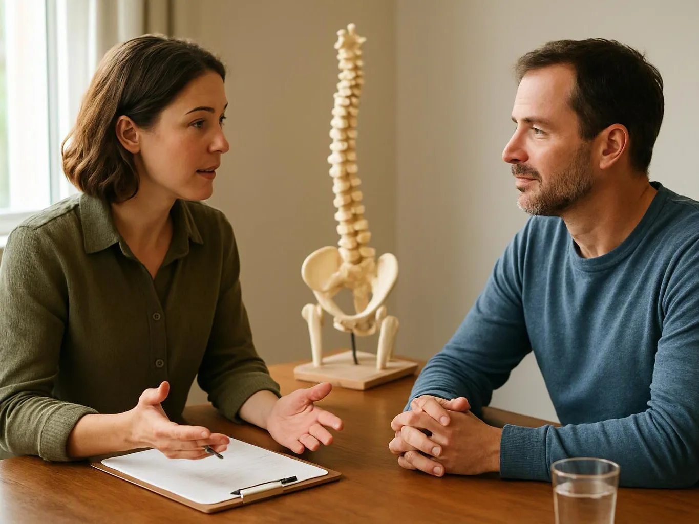 A woman speaks to a man across a table, with a spine model behind them in a bright room