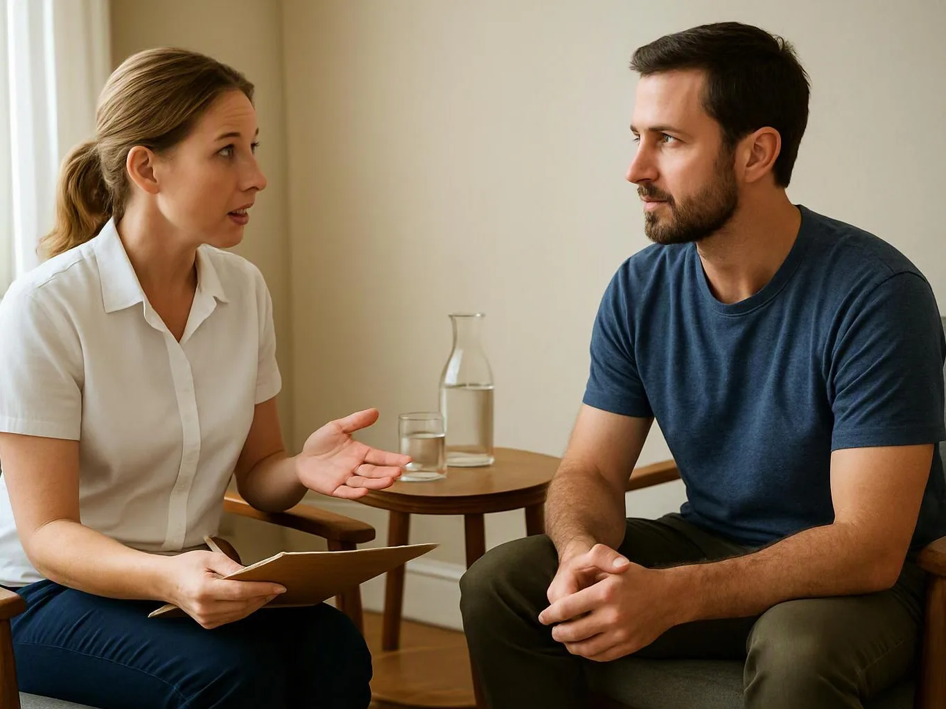 A woman speaks with a seated man in a calm room, holding papers beside a small table with water